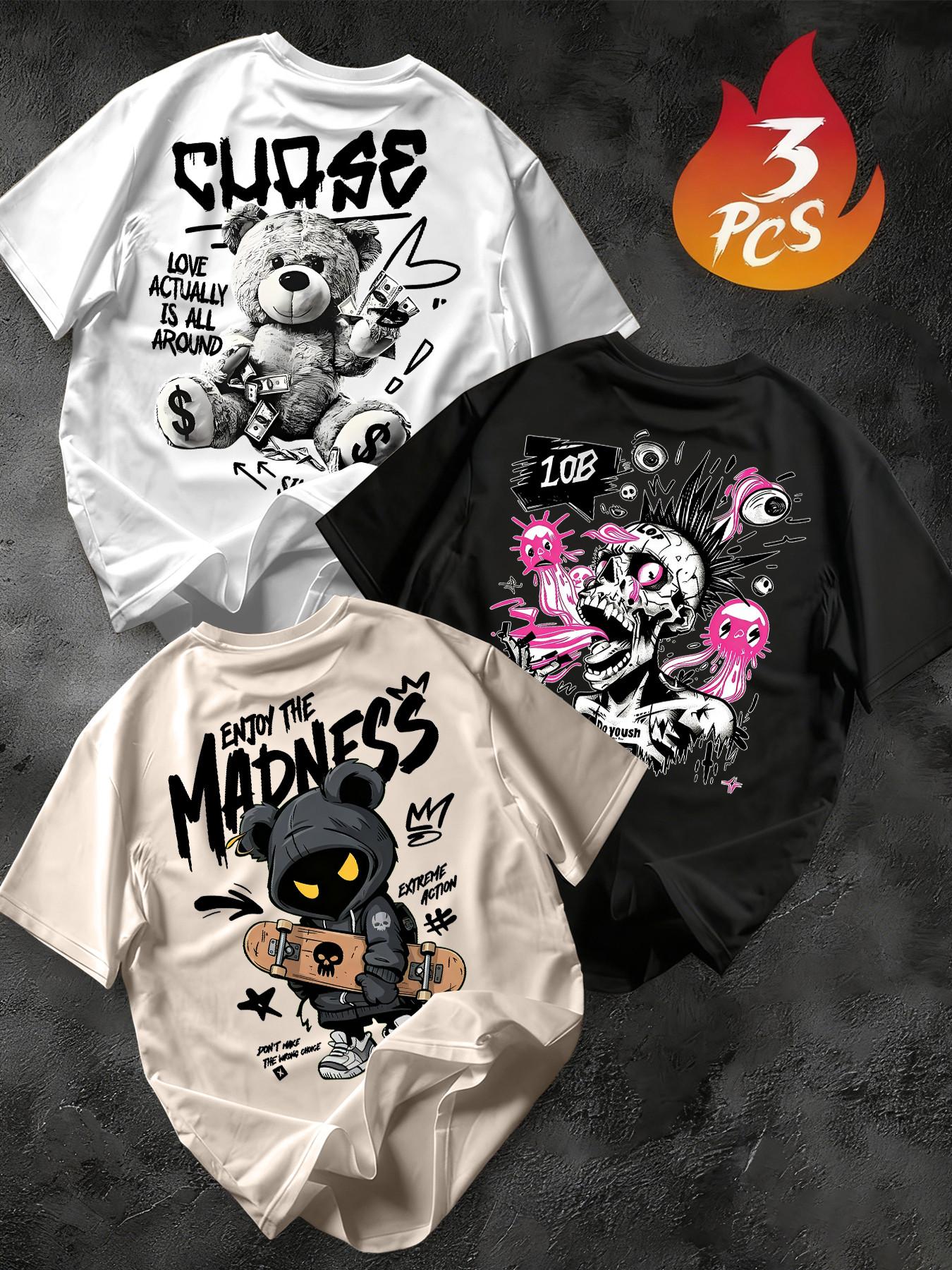 Men's 3-Pack Graffiti Round Neck Short Sleeve T-Shirts, Unique Cool Prints, Loose Fit, Casual Street Style, Streetwear, Daily Wear, Menswear