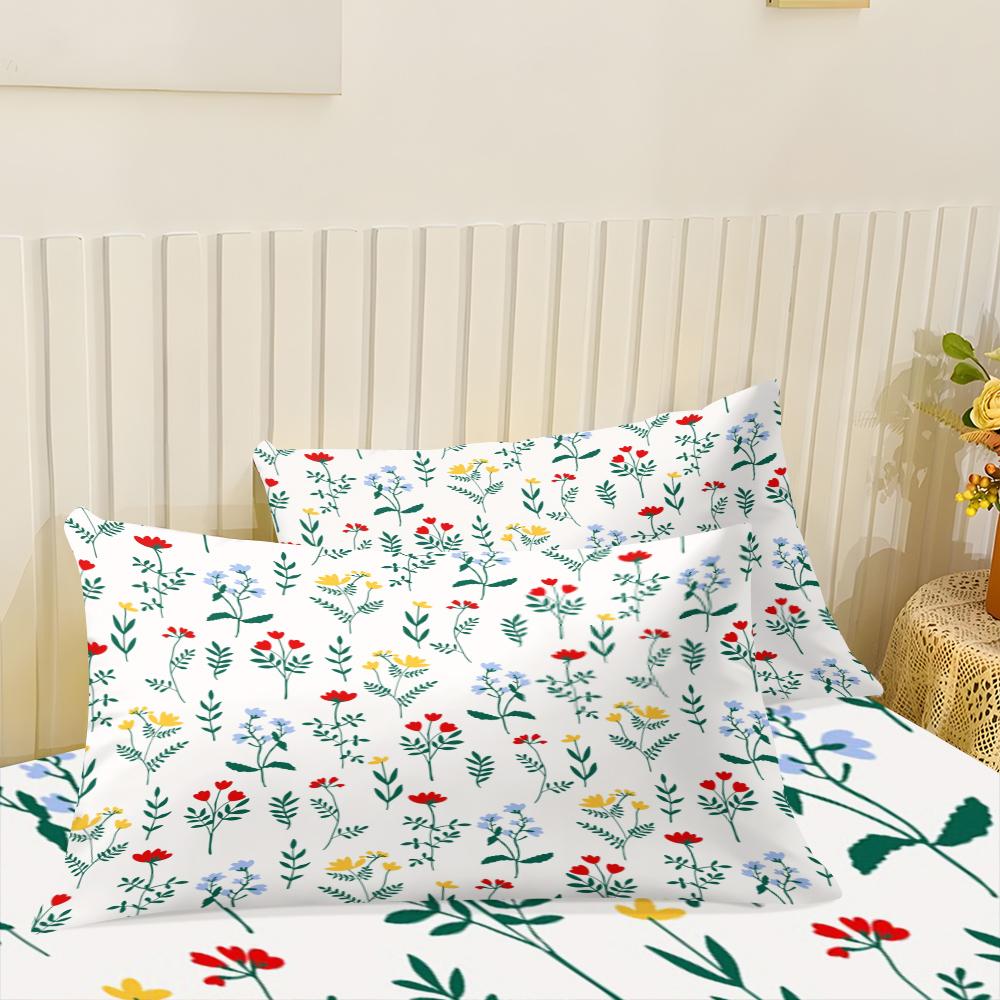 Three pieces with small floral patterns in the three primary colors  Print Fitted Sheet Set (1 Fitted Sheet + 2 Pillowcases), Casual Style, High-Quality Bedding for Bedroom or Guest Room