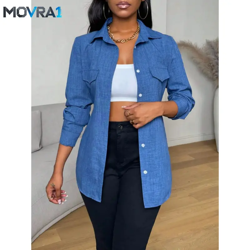 MOVRA1 A ladies' blue Collared button-down Woven Casual Blouse shirt top with a pocket decoration and long sleeves, suitable all kinds of office wear Women