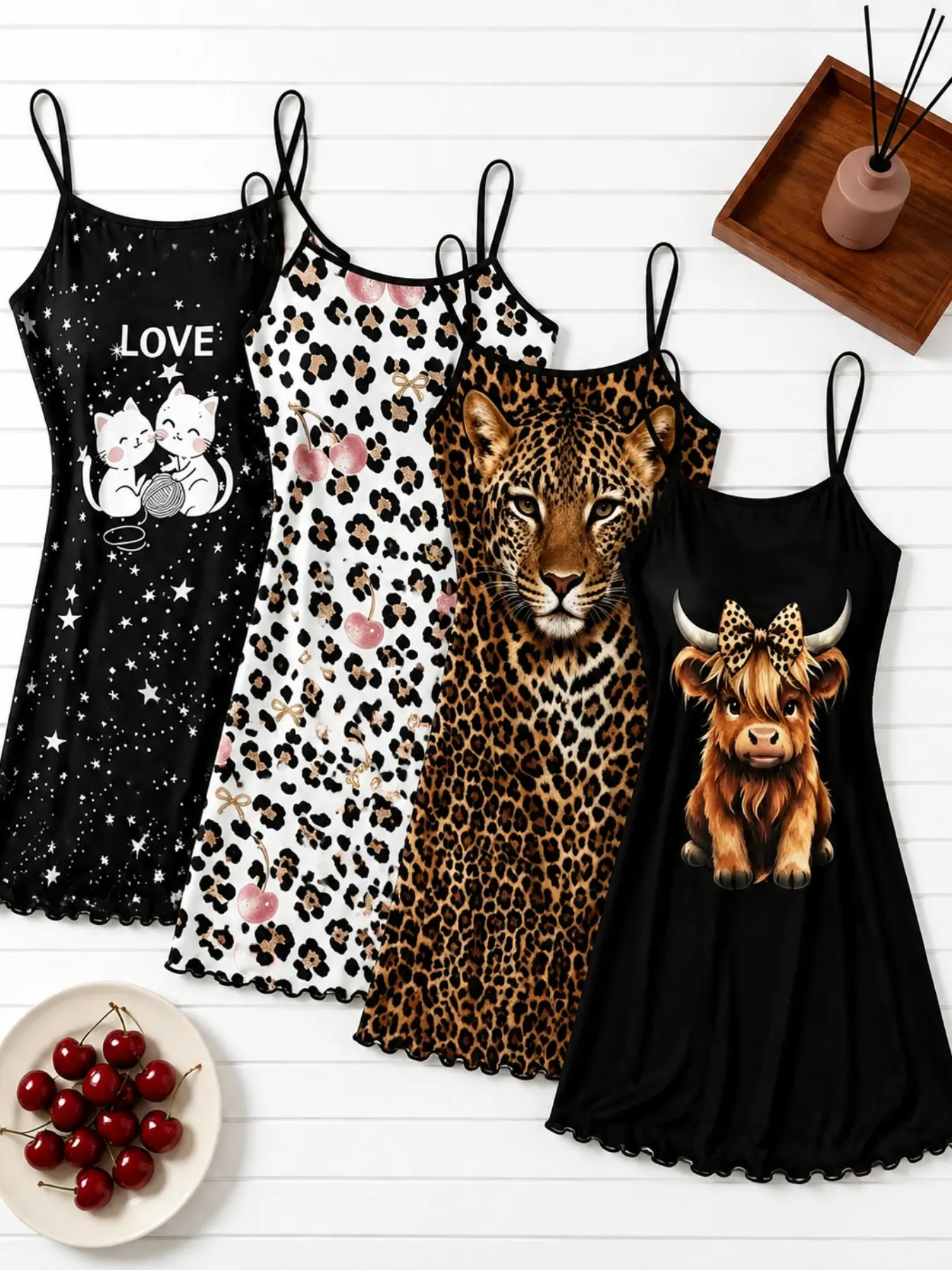 4-Piece Upgraded Women's Nightgowns & Loungewear Set Leopard Cheetah Highland Cow Cat Cherry Star Print Summer Spaghetti Strap Lettuce Hem Contrast Trim Soft Breathable Casual Relaxed Fit Sleepwear Nightwear for Home Daily Leisure Wear