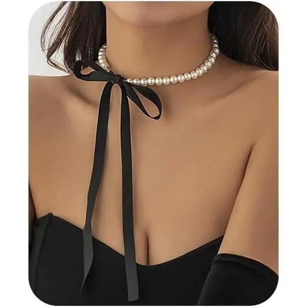 Women's Synthetic Boho Bow Detail Choker Necklace - Black Long Ribbon Collarbone Chain, Modern Beaded Design for Birthday Party, Happy Birthday, Wedding