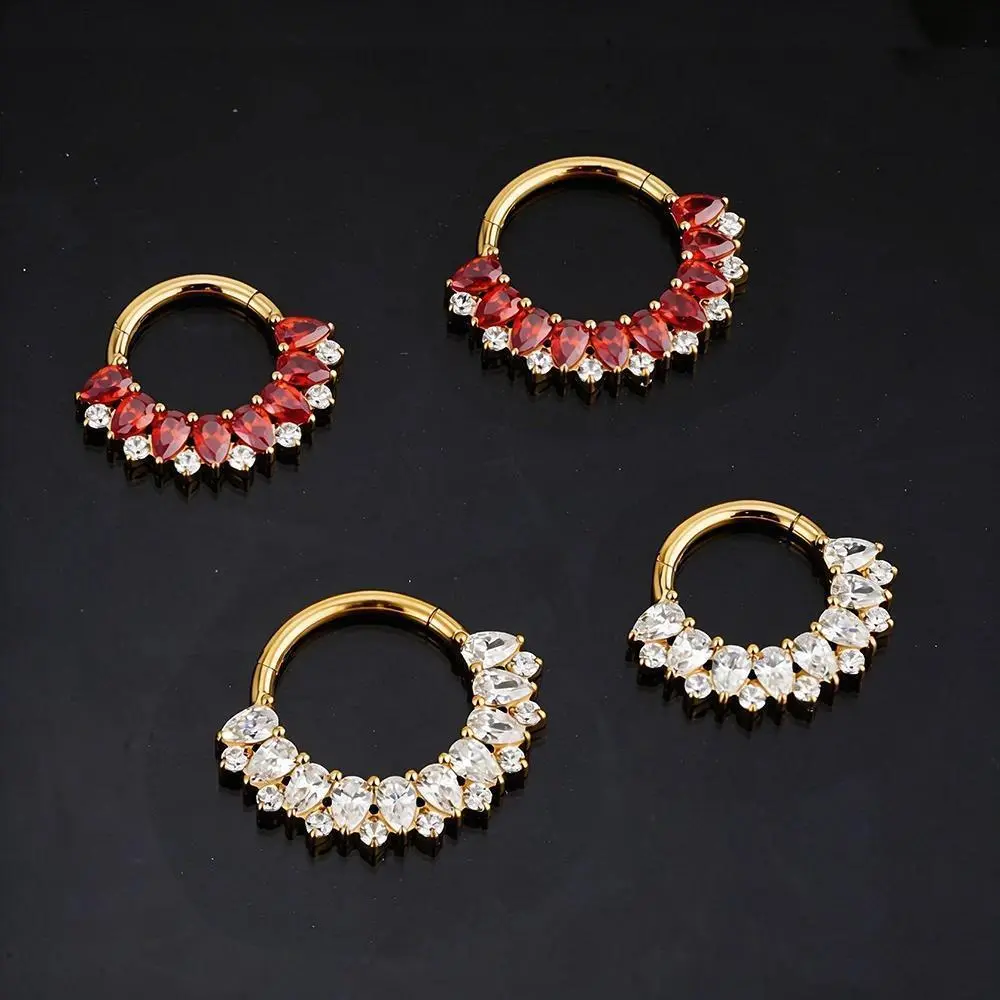 Right Grand ASTM F136 Titanium Pear CZ Hinged Segment Septum Nose Clicker 16G Teardrop Daith Helix Hoop Earring Piercing Jewelry