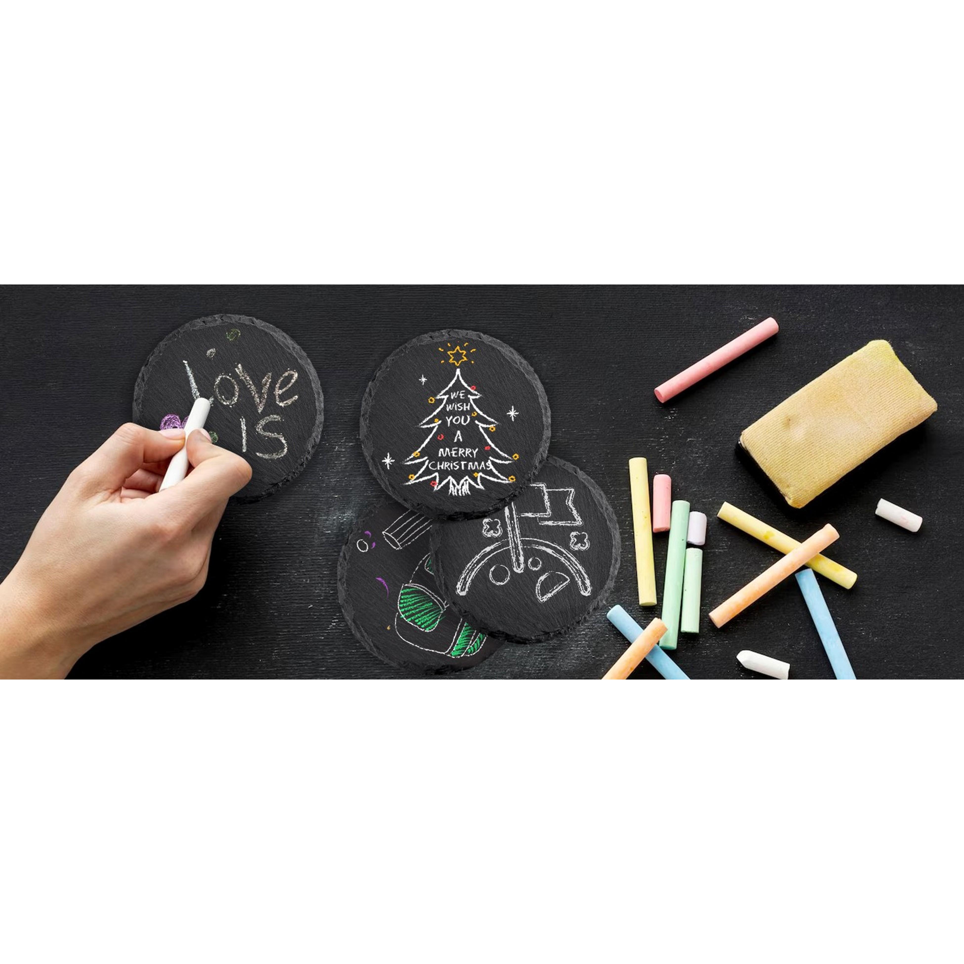 4 PCS Round Slate Drink Coasters Set, 4 Inch Laser Engraving Black Slate Stone Coasters with Anti-Scratch Bottom and Coaster Holder for Office Bar Kitchen Home Dinner Table Decor Supplies