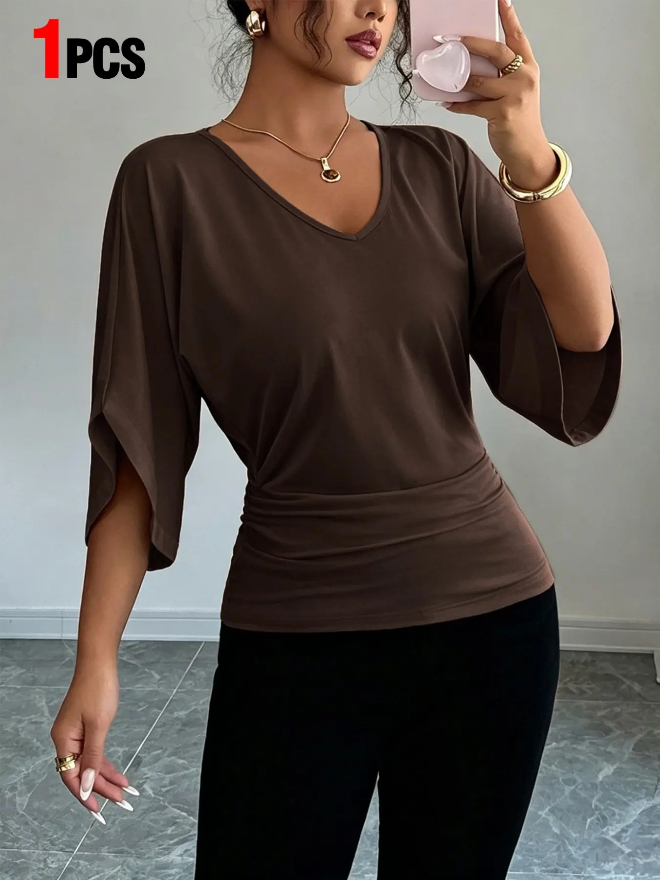 2-Pack/1-Pack Women's Ruffle Batwing Sleeve V-Neck T-Shirt, Slim Fit Half Sleeve Top, Casual Summer Wear, Elastic Waist, Multiple Colors Available