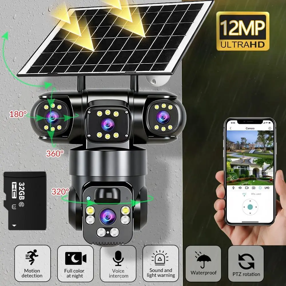 【Fall Deals For You】12MP Solar Outdoor Security Camera - Bullet & PTZ Dual Lens, 360° View, WiFi, 1080p, Color Night Vision, Auto Tracking, 2-Way Audio, No Monthly Fee, IP66 Waterproof, 24/7 Remote View, Micro Cable, Local Recording, Mount Included, Sd,