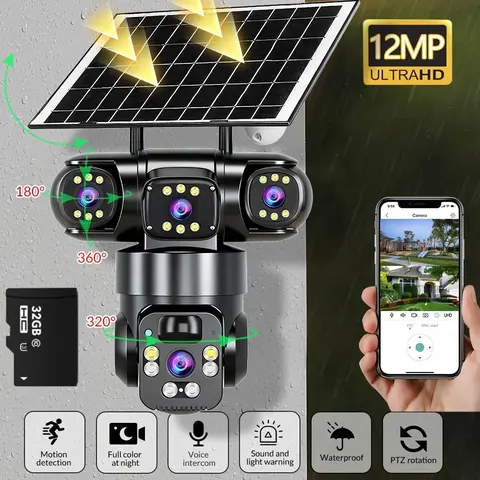 【Fall Deals For You】12MP Solar Outdoor Security Camera - Bullet & PTZ Dual Lens, 360° View, WiFi, 1080p, Color Night Vision, Auto Tracking, 2-Way Audio, No Monthly Fee, IP66 Waterproof, 24/7 Remote View, Micro Cable, Local Recording, Mount Included, Sd,