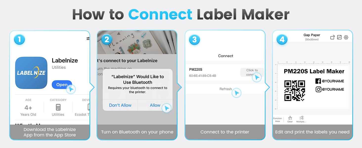 PM220 Label Makers, Bluetooth Portable Thermal Printer, Mini Printer  for Study, Office, Mailing,Printing Paper for Phones & PC