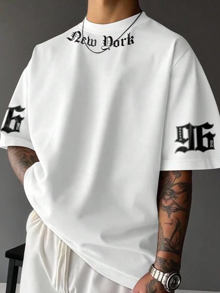 Men's Stylish Casual Round Neck T-Shirt with English Print, Breathable Polyester Fabric, Comfortable Fitted Design for Everyday Wear, Casual Style Tee