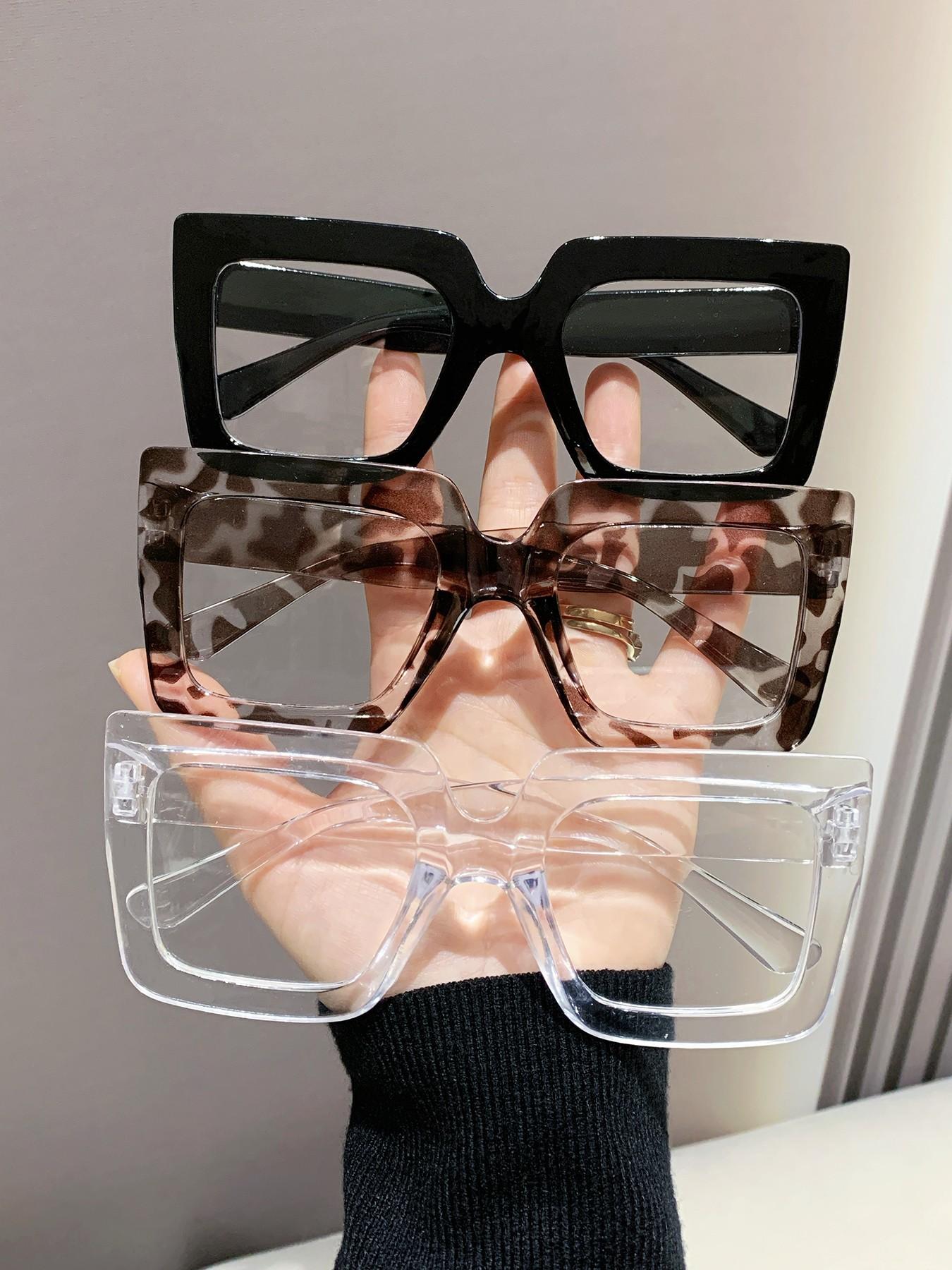 Women's Elegant Large Frame Square Plastic Glasses, Leopard Print & Transparent Lenses, Versatile Street Style, Driving, Daily Wear