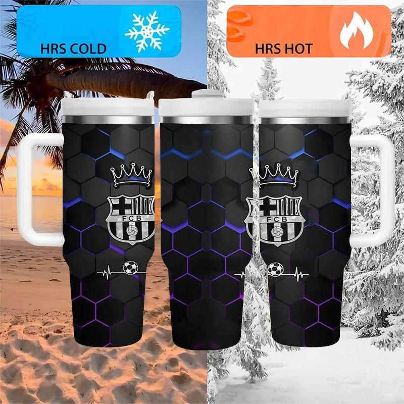 1pc Barcelona Logo Honeycomb Stainless Steel Car Cup, Non-Slip Handle, Large Capacity Water Bottle, Football Theme, 40oz Insulated Cup with Straw