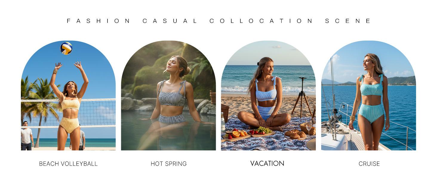 2026 New Striped Two Piece Bikini Set, Tie Strap Top High Waist Bathing Suit, Women Fashion Beach Swimwear