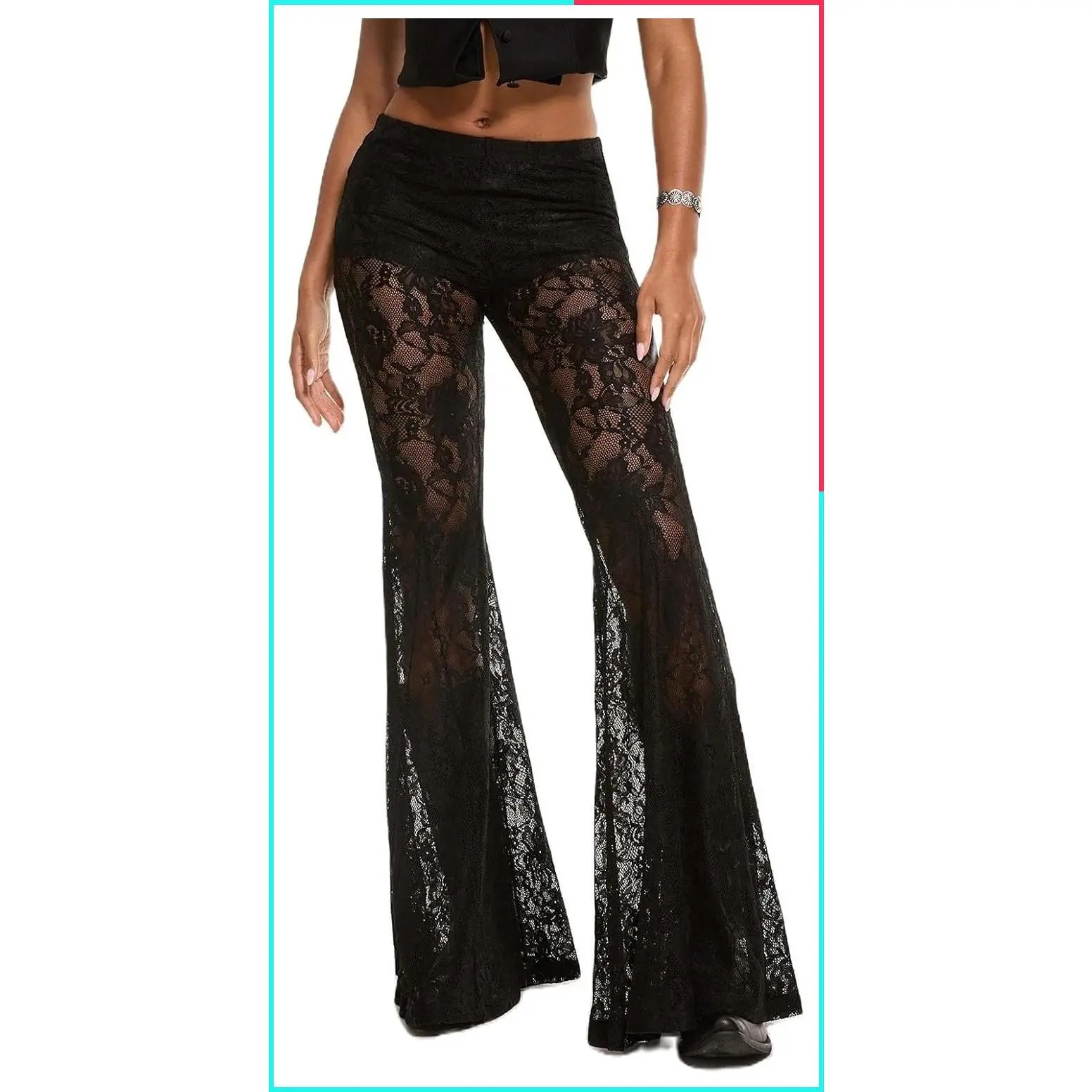 Women's Sheer Floral Lace Bell Bottom Pants Sexy See Through Flare Leggings Hollow Out Mesh Elastic Waist Stretchy Clubwear Going Out Trousers