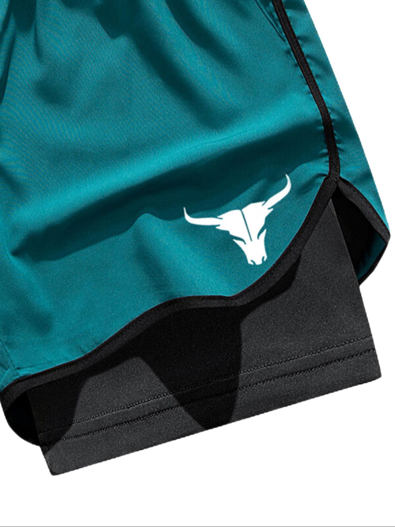 Men's Letter & Bull Head Print 2 in 1 Double Layer Drawstring Waist Gym Shorts, Regular Fit Casual Comfortable Breathable Quick Drying Anti Exposure Pocket Shorts for Gym Workout Running, Men's Bottoms for Summer SpringStatements