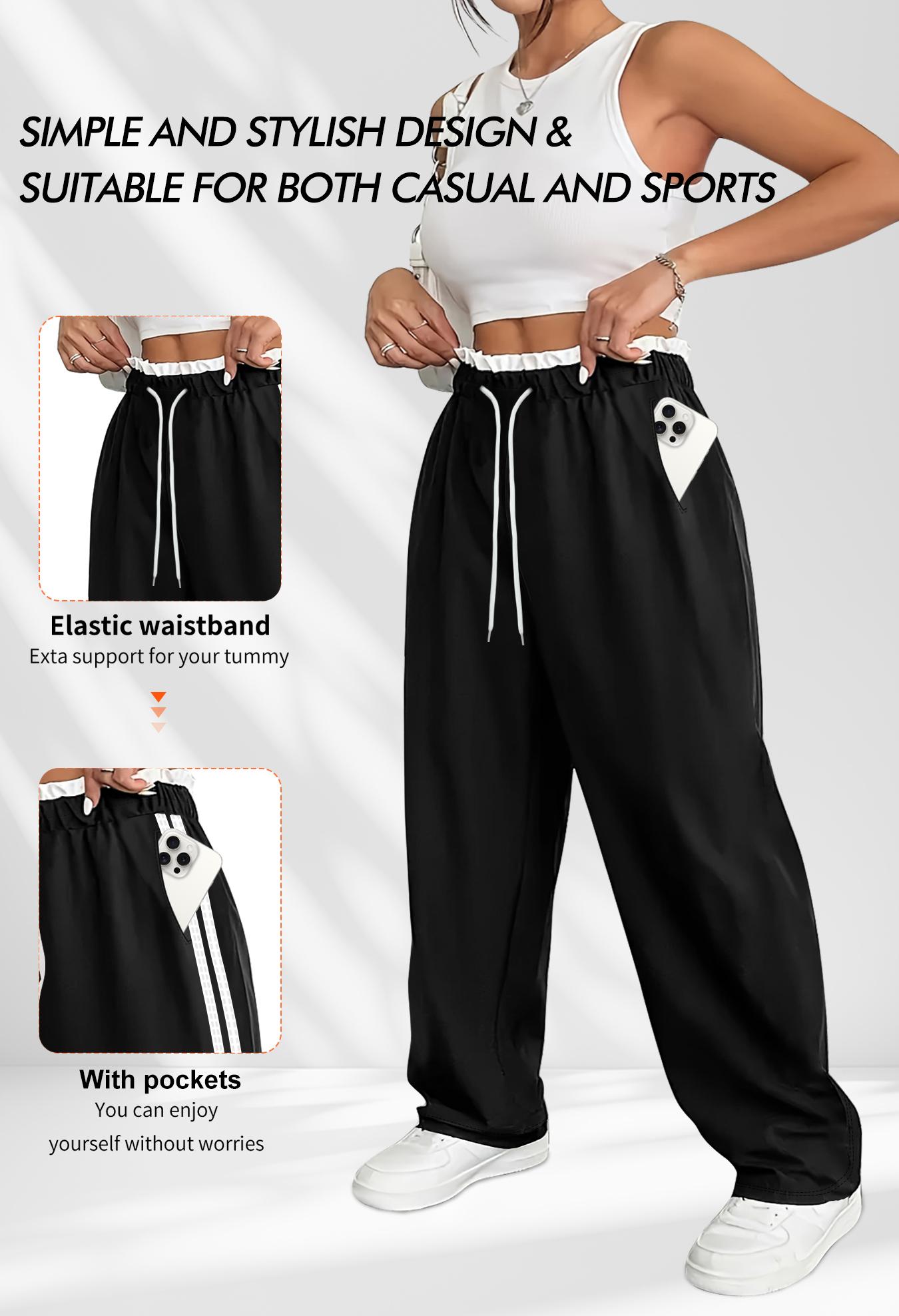 Plus Size Women's Wide Leg Pants with Drawstring Elastic Waist, Lace Waist Design, Side Stripes and Pockets for Versatile Wear, Athleisure Style Pants