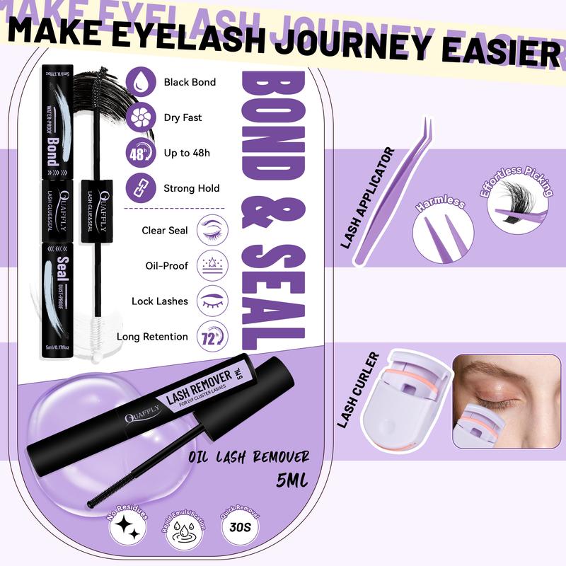 QUAFFLY 1274Pcs Lash Extension Kit 40D+60D+80D+100D+Bottom Lashes+Spike lashes Fluffy Lash Clusters Individual Lash Clusters With Lash Bond&Seal Eyelash Bond Glue Lash Remover Tweezer Lash Curler for Natural DIY Cluster Eyelash Extensions Kit