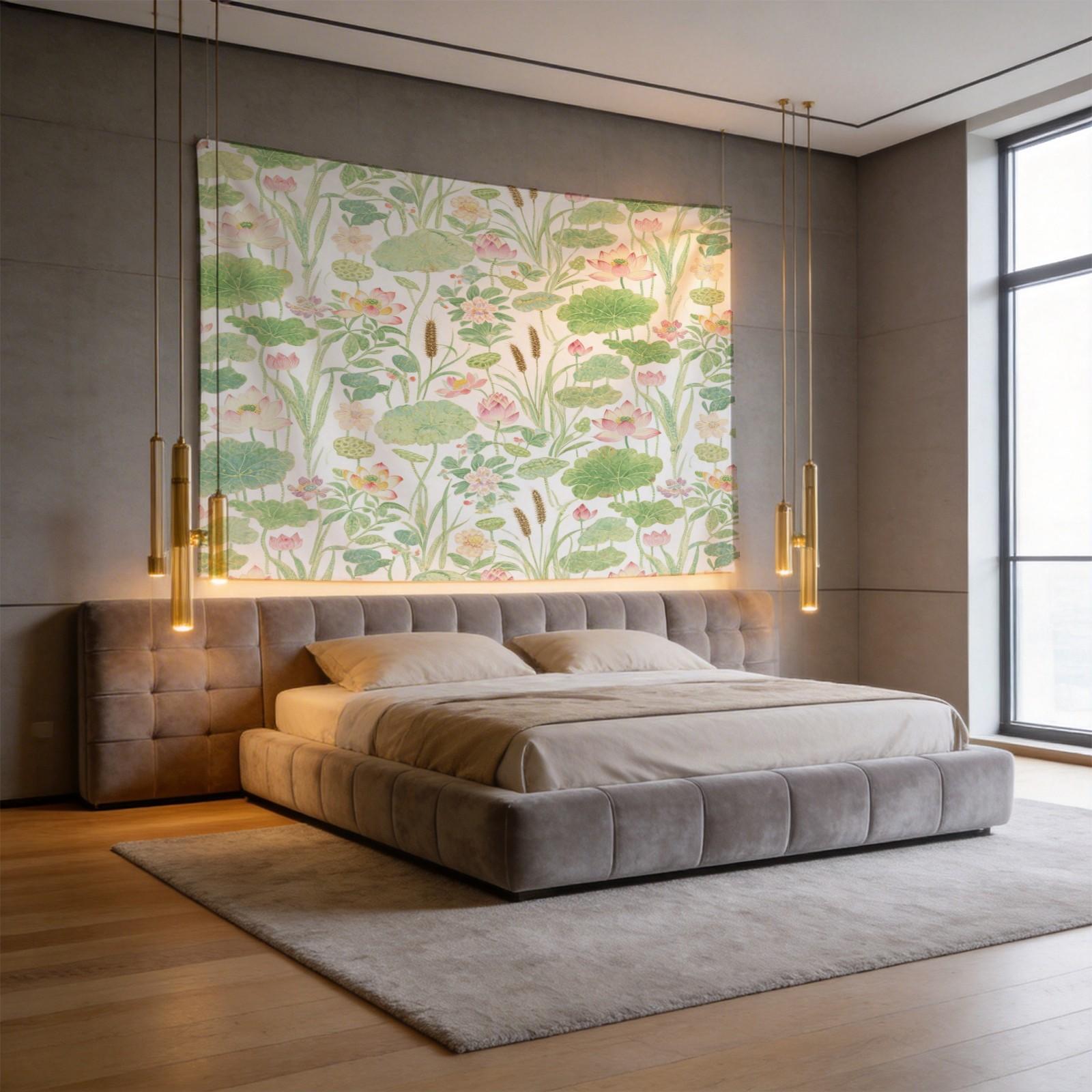 1 Piece Watercolor Lotus Pond Tapestry, HD Digital Printed Wall Hanging Tapestries, Aesthetic Boho Tapestry, Easy to Install for Living Room Bedroom Dorm Home Decor