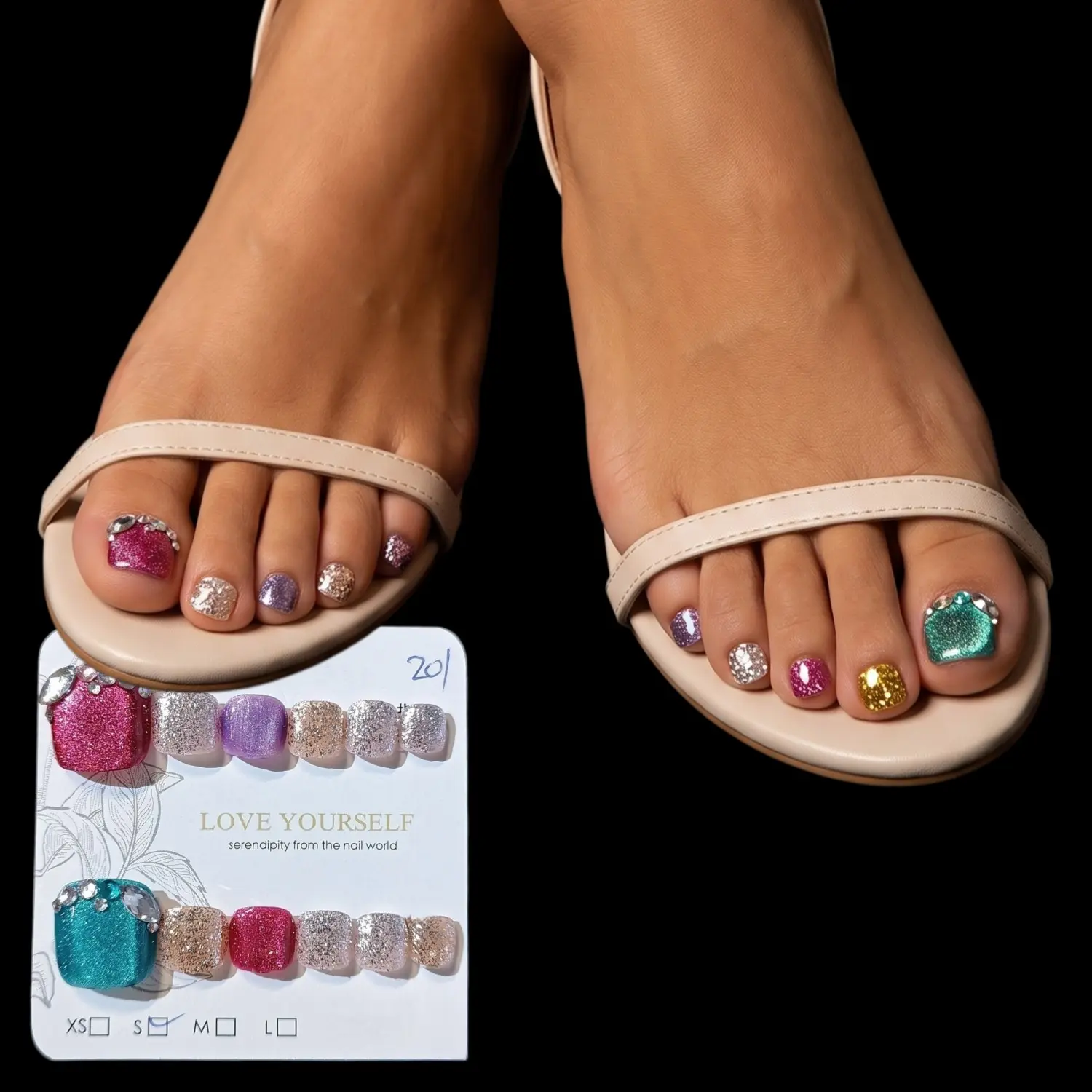 12Pcs Handmade Short Square Press On Toenails, Colorful Hot Pink Teal Purple Glitter Cat Eye Fake Toe Nails with Luxury Rhinestones, Reusable Full Cover Acrylic Gel Toenail Set for Women Summer Daily Wear
