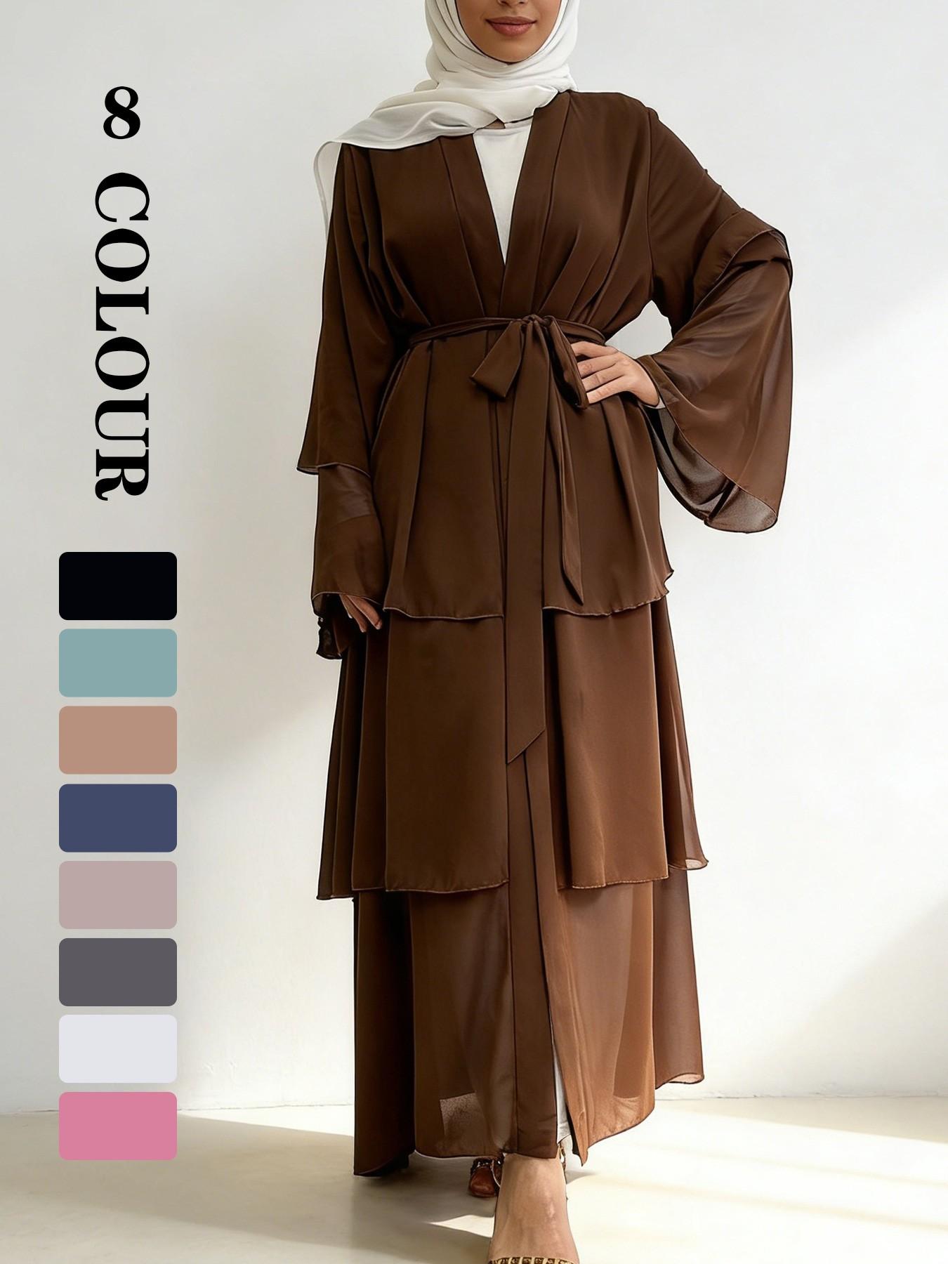 Spring Summer High-Quality Chiffon 3-Layer Eid Abaya with Belt, Casual Party Dress, Comfortable Breathable Fabric, Perfect for Weddings