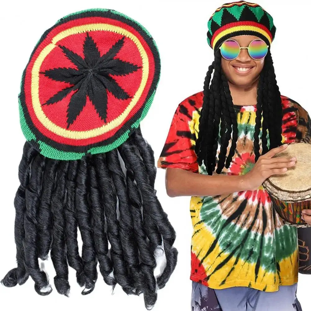 1Pc Reggae Hat with Dreadlocks Comfortable Braid Hat Wig Ethnic Style Elastic Knitting Hat for Halloween Costume Party Supplies