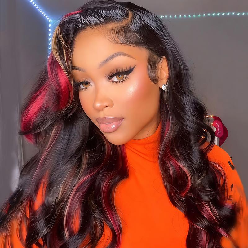 180 Density Red Blonde Highlights HD Transparent Lace Wig