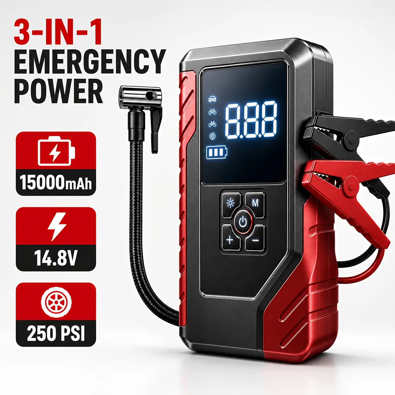 15000A 10-in-1 Multi-functional Emergency Jump Starter, with 14.8V Air Pump, Portable Car Battery Starter, Portable Vehicle Battery Charger, LED Emergency Light, Car Accessory Tool. Multi-functional Device, Portable Emergency Jump Starter.