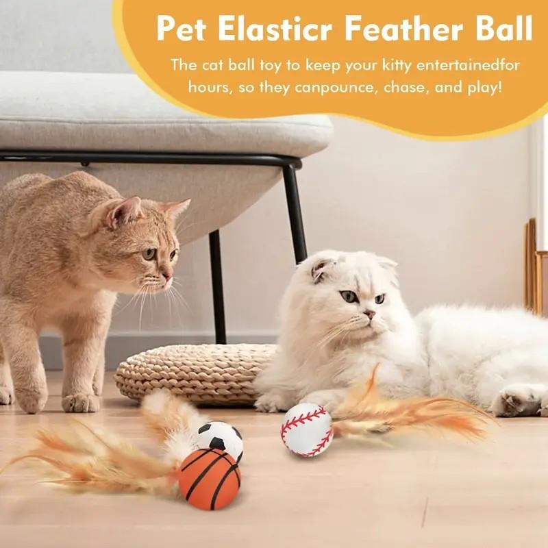 Interactive Cat Toys Set, New Elastic Ball with Feather Tail, Soccer Basketball Baseball Shapes, Indoor Chase Game, Essential Cat Toy