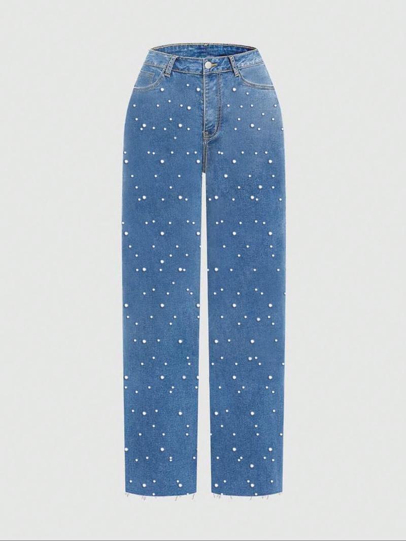 Women's Trendy Denim Pearl Studs Design Washed Soft Comfortable Straight Leg Wide Leg Pants, Elegant Fashion Long Trousers