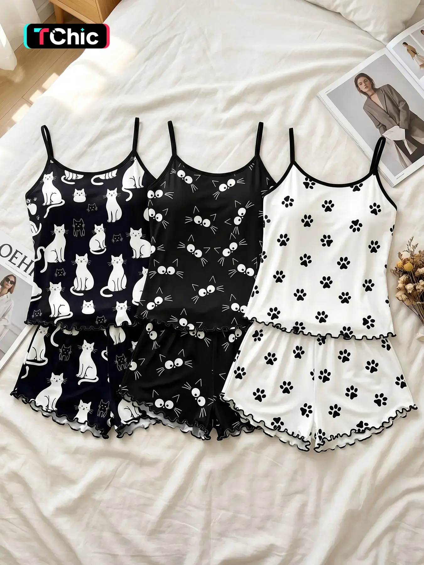 Women's 3 Piece Spaghetti Strap Cami Top and Shorts Pajama Sets, Camisole Sets, All Season Wear, Cat Paw Cartoon Cat Print Ruffle Hem, Cat Aesthetic Style, Loose Fit Breathable for Home & Casual Wear