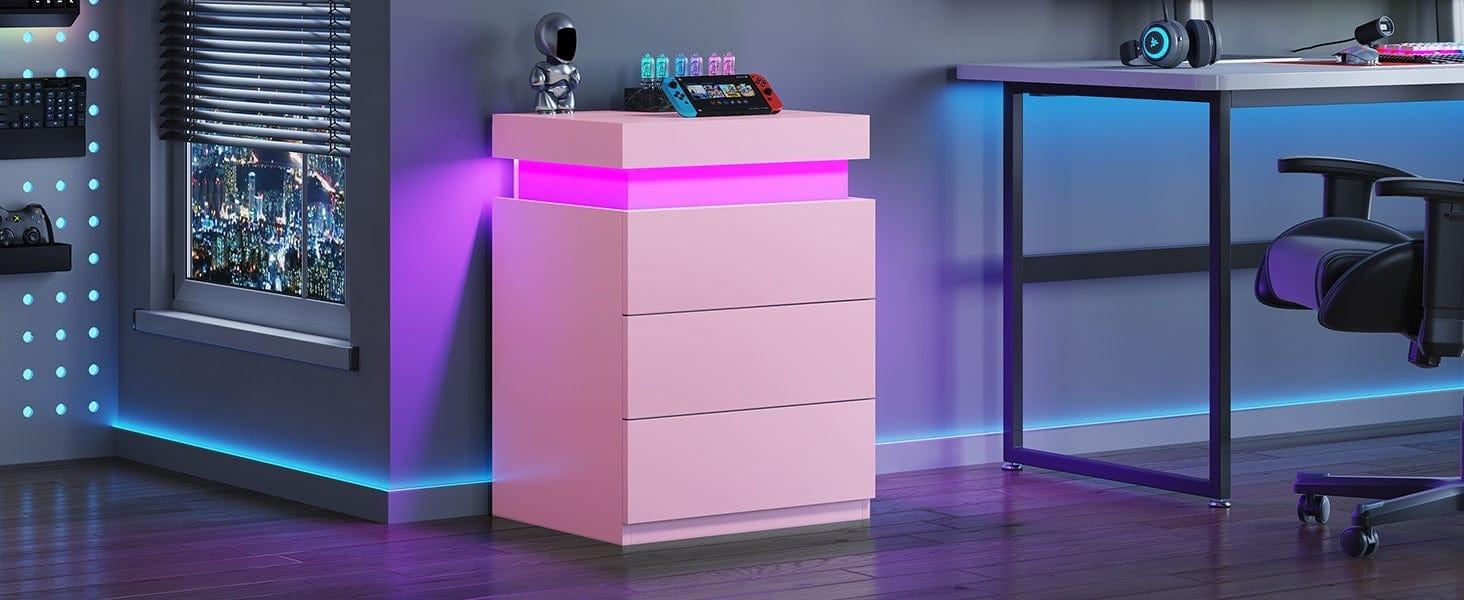 Sikaic Nightstand with LED Lights Charging Station Pink Modern Bedside Table with 3 Storage Drawers and Top Sliding Drawer