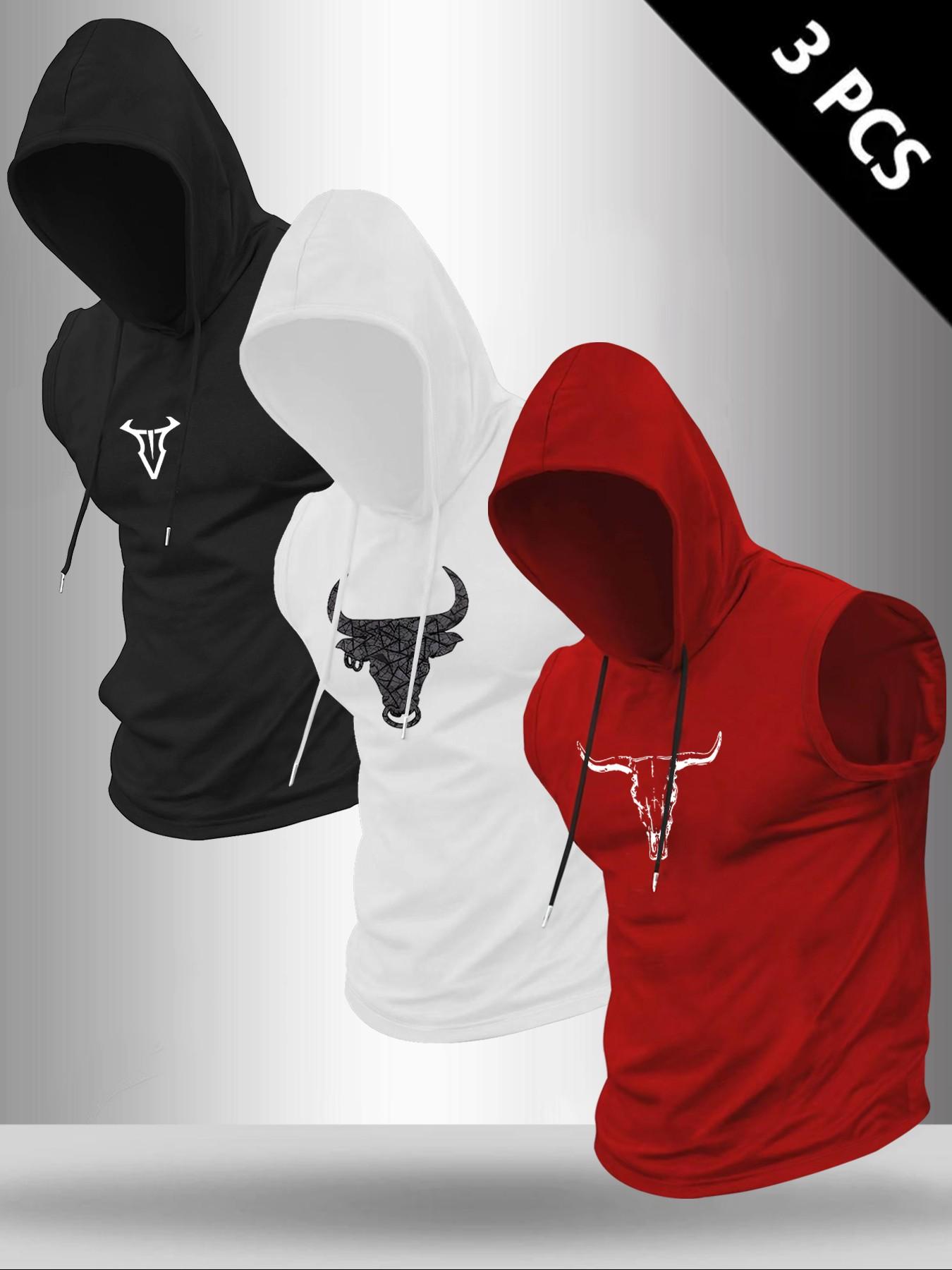 Men's 3-Piece Bull Graphic Print Round Neck Sleeveless T-Shirt Set, Casual Comfortable Fitted Activewear Hooded Vest, Summer Outdoor Athletic Fitness Wear