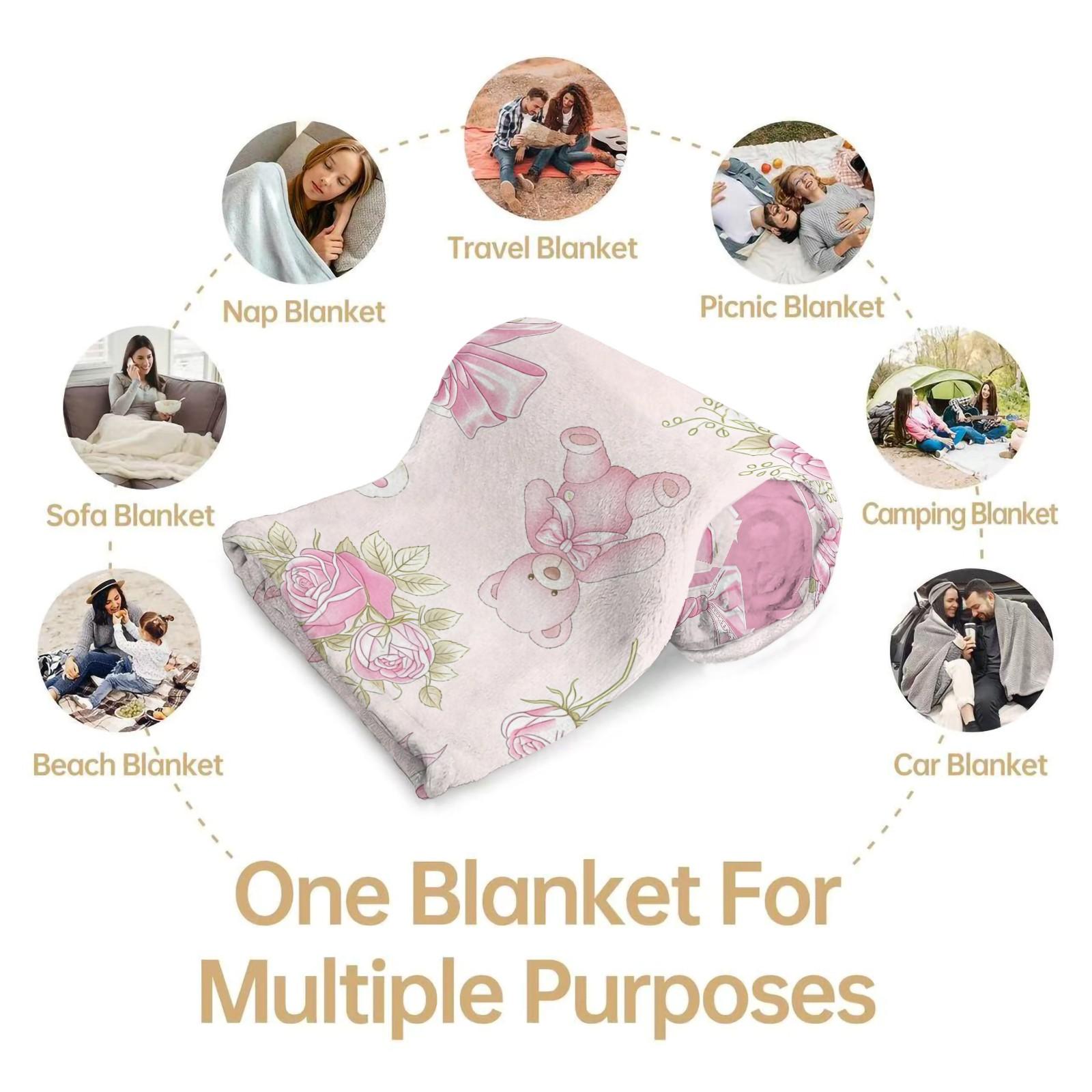 Pink Coquette Initial Letter Throw Blanket, Soft Fuzzy Plush, Teddy Bear & Rose Floral, Girly Bow Print, Lightweight for Couch Bed Office, All Seasons, Aesthetic Room Decor, Perfect Gift