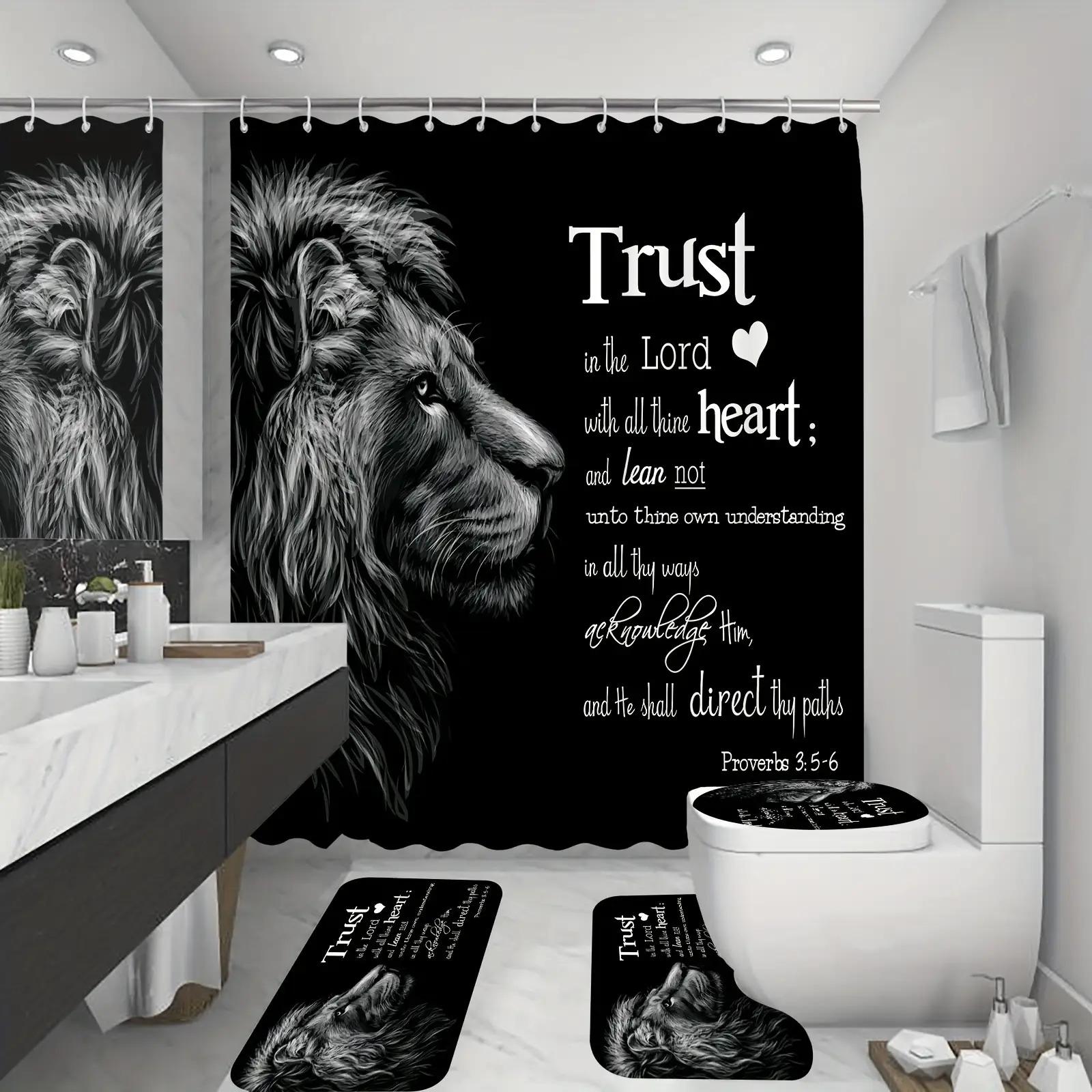 4pcs Lion of Judah Bible Verse Shower Curtain Set with Non-Slip Bath Rug, U-Shaped Toilet Mat & Lid Cover - High Quality Christian Faith Bathroom Decor, Hebrews 13:5 Psalm 23:1 Inspired Lion Print Accessories Kit, Shower Curtain For Bathroo
