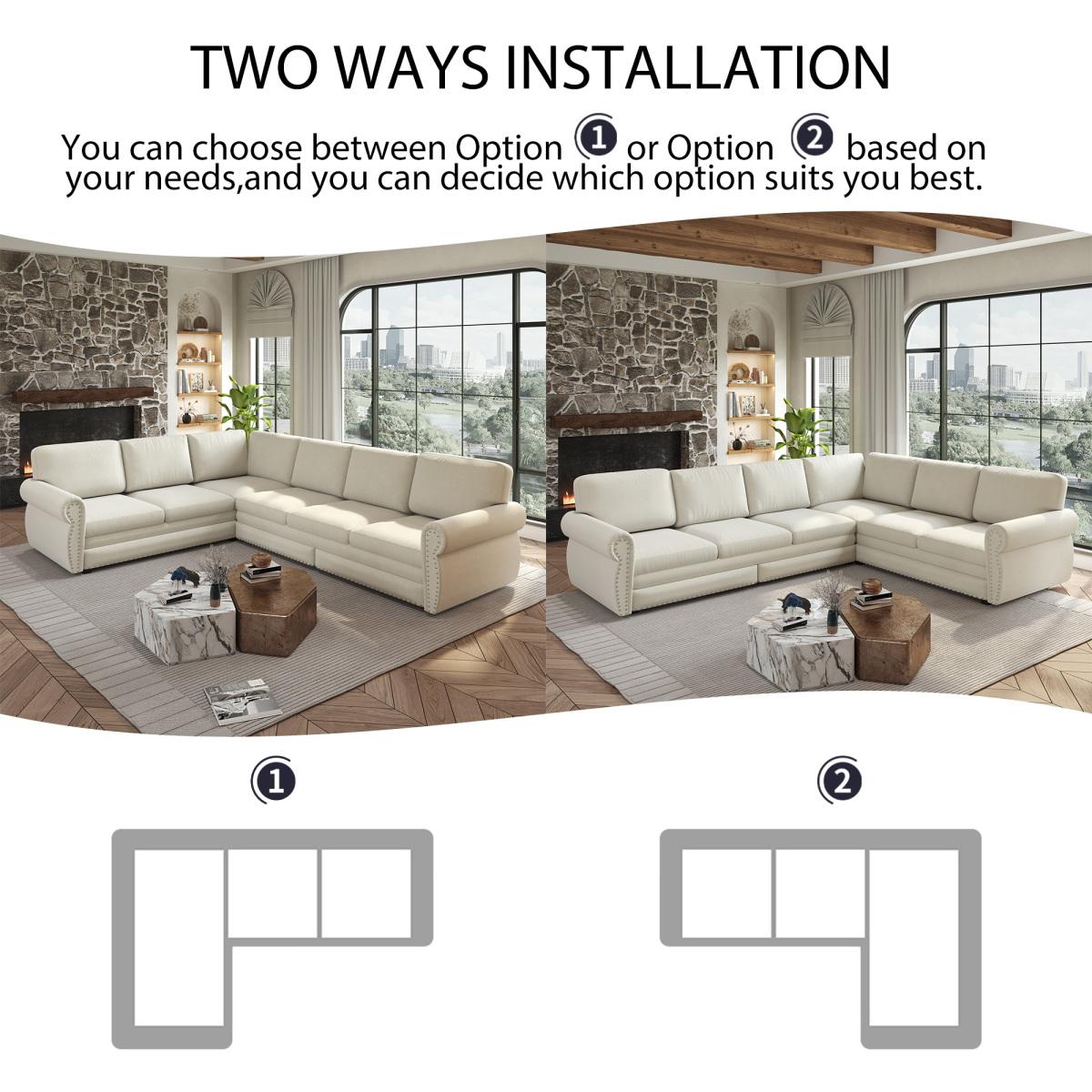 118 in Oversized L-Shaped Chenille Fabric Sectional Sofa with Pull-Out Bed, 6-Seater Couch with Nailhead Trim, Spacious Guest Option for Living Room, Beige/White