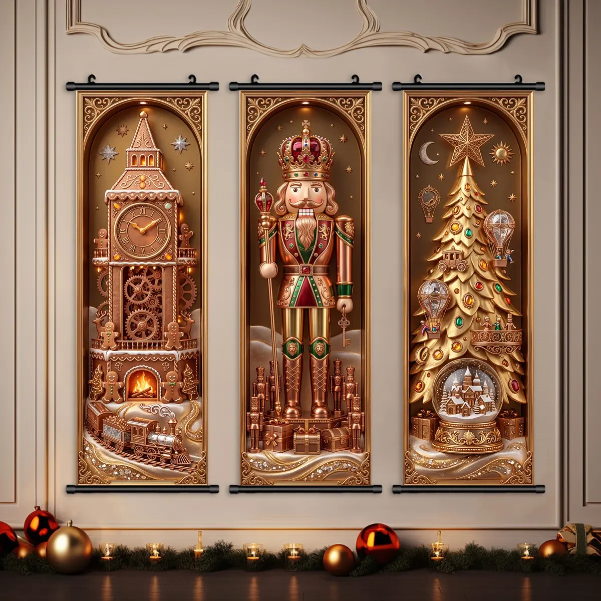 3-Pack Christmas Banners, Luxury Nutcracker Decorative Posters, Vintage Holiday Wall Art, Perfect for Parties, Living Room, Office, Bedroom