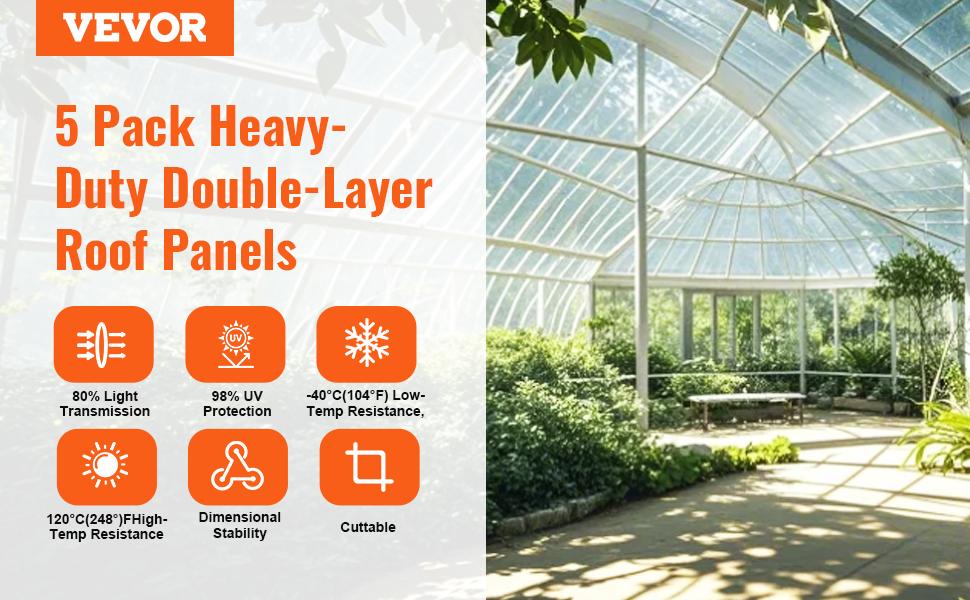 VEVOR 5 Pack Polycarbonate Greenhouse Panels, 2' X 4' X 0.32'' Roof Panels Sheets, Waterproof UV Protected Corrugated Plastic Roofing, Impact Resistance Clear Roofing Sheets for Greenhouse/Garden