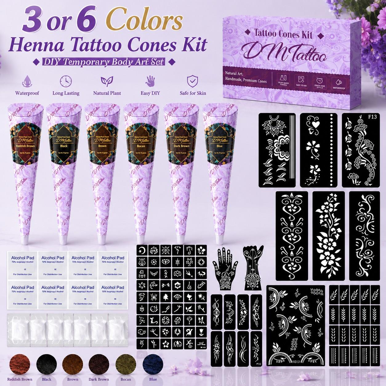 Plant Henna Temporary Tattoo Kit, DIY Tattoos, Natural Henna Drawing Gel, Gentle Low Irritation, Waterproof, Easy Application, Perfect for Weddings and Parties