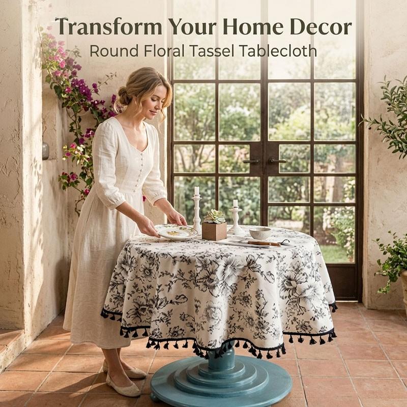 Round Printed Fringe Polyester Tablecloth, Vintage Floral Tassel Edge, Wrinkle & Stain Resistant, Easy Clean, Fast Dry, Home Restaurant Cafe