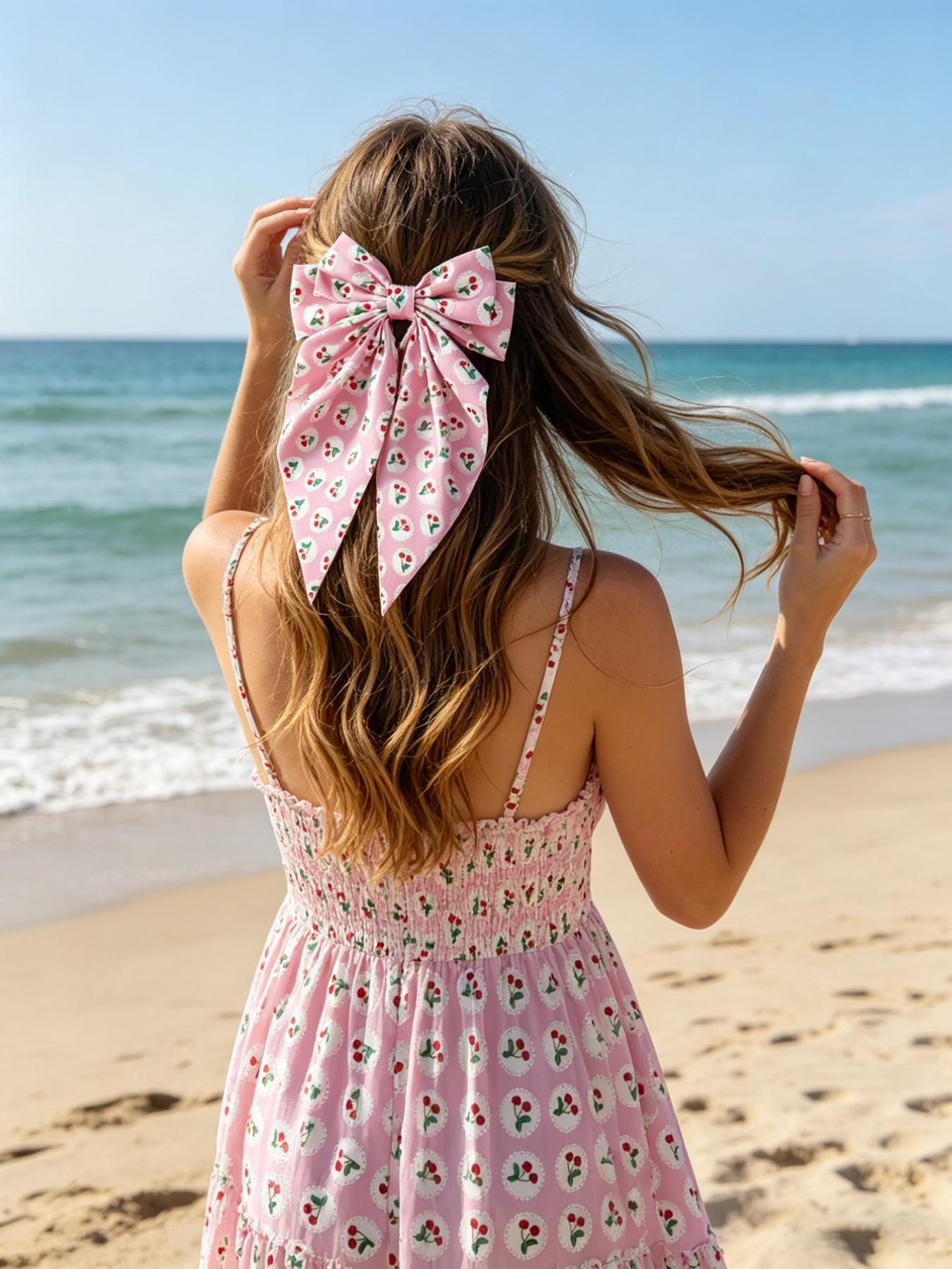 4pcs Women's Cherry Bow Hair Clips, Spring Clips, Fruit Pattern Print, Cute Style, High Elasticity, Non-Slip, Daily Wear, Photo Props