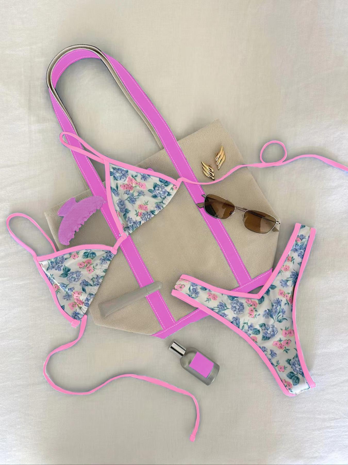 Women's Floral Print Bikini Set, Casual Fashion Chic Tie Shoulder Swim Top & Swim Bottom Swimsuit for Beach Holiday Vacation, Ladies Swimwear for All Seasons