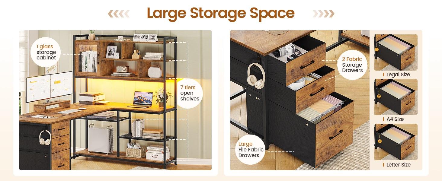 SEDETA 58-Inch L-Shaped Computer Desk with Storage, LED L-Shaped Gaming Desk with Storagefor Home Office Furniture Gaming