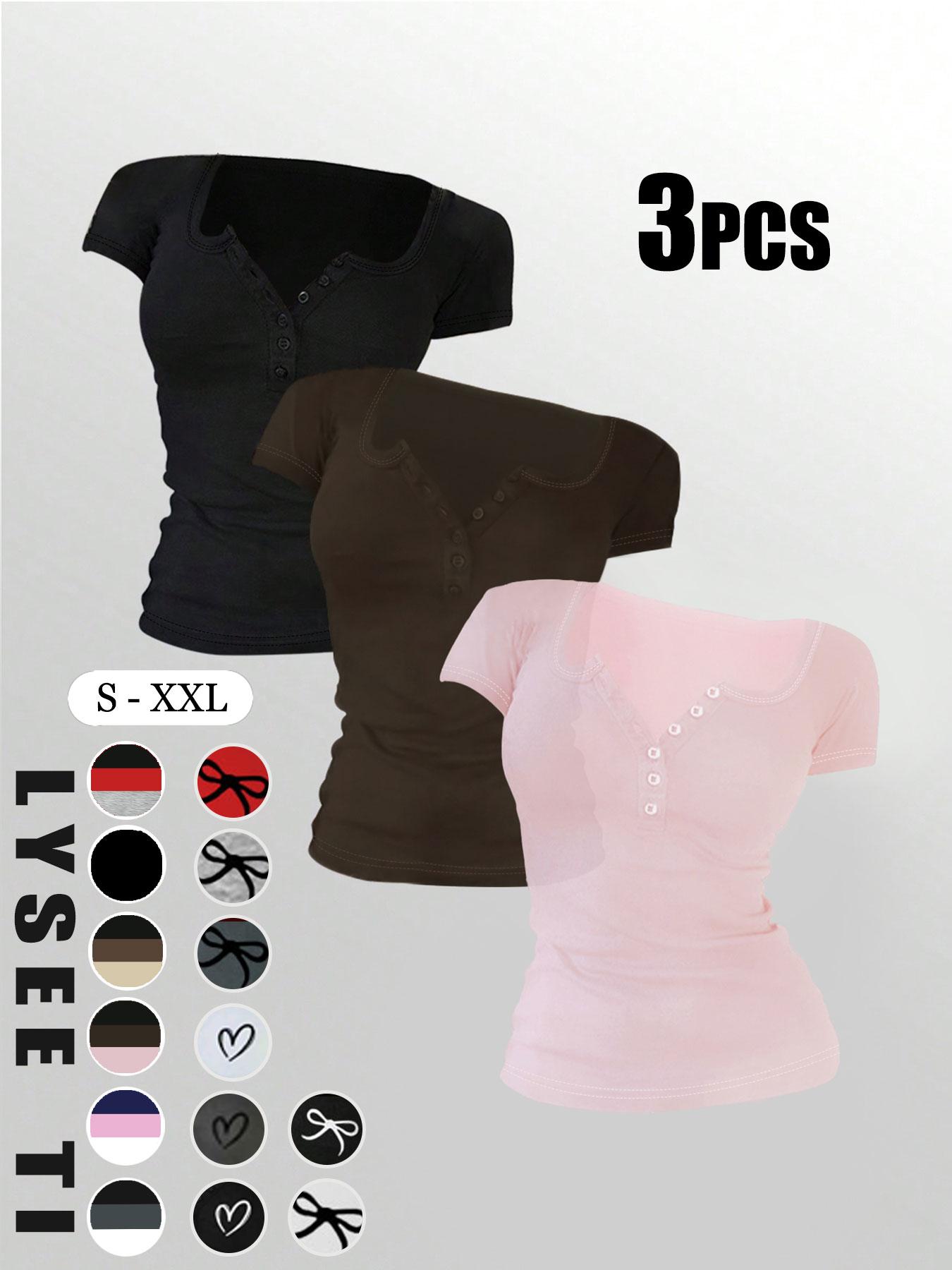 Women's Solid Button Round Neck Tee, Casual Short Sleeve Fitted T-shirt for Daily Wear, Ladies Clothes for All Seasons