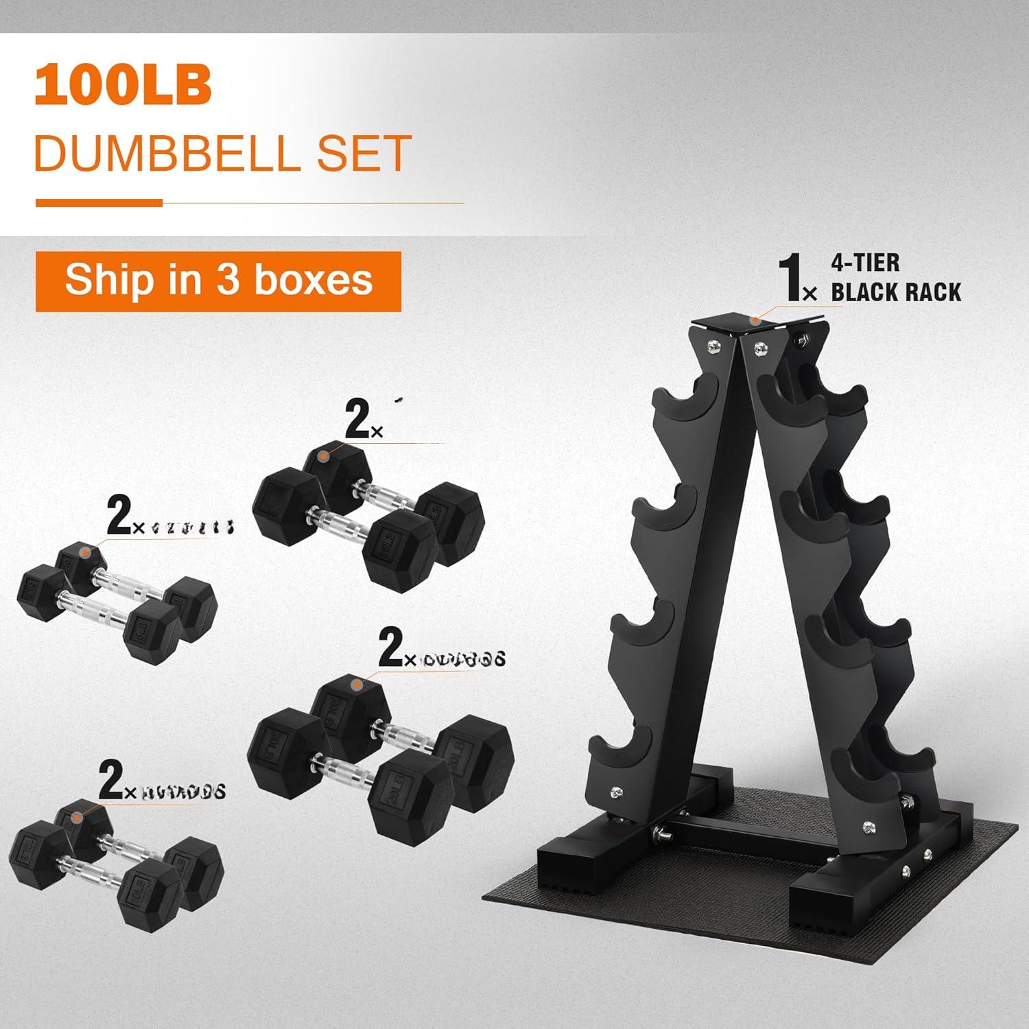 Rubber-Coated Hex Dumbbell Sets with Storage Rack, 100/150/200/550 LB Anti-Slip Grip Hand Weights for Home Gym