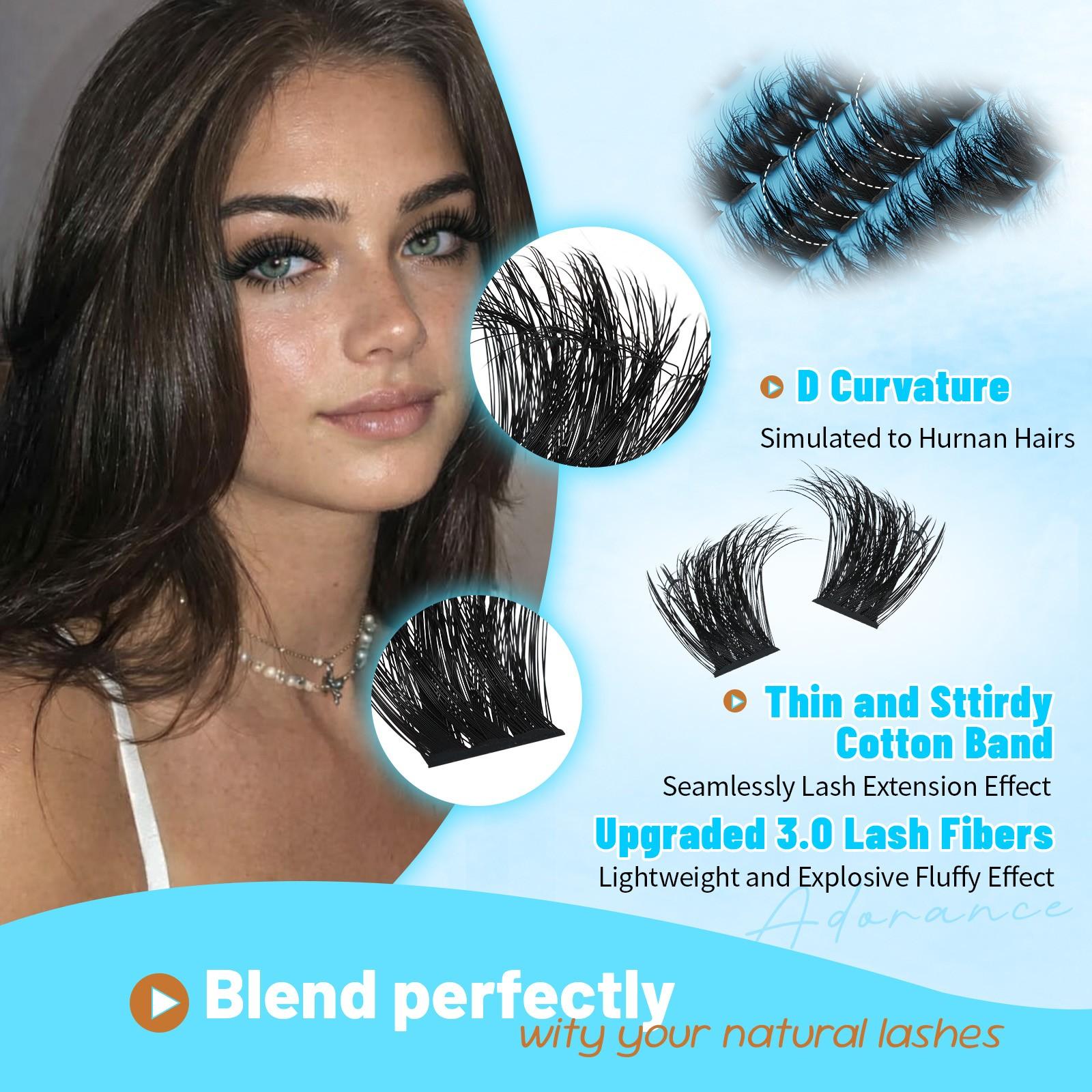 ADORANCE Lash Clusters Mixed Length, 408/359/472 PCS D Curl Volume Individual Lashes, Fluffy Wispy Cluster Eyelash Extensions for DIY Application