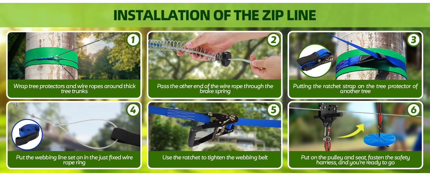 60-200FT Backyard Zip Line Kit for Kids and Adult Up to 400LBS with Stainless Steel Ziplines Spring Brake and Safety Harness, Outdoor Christmas and Birthday Gifts for Kids
