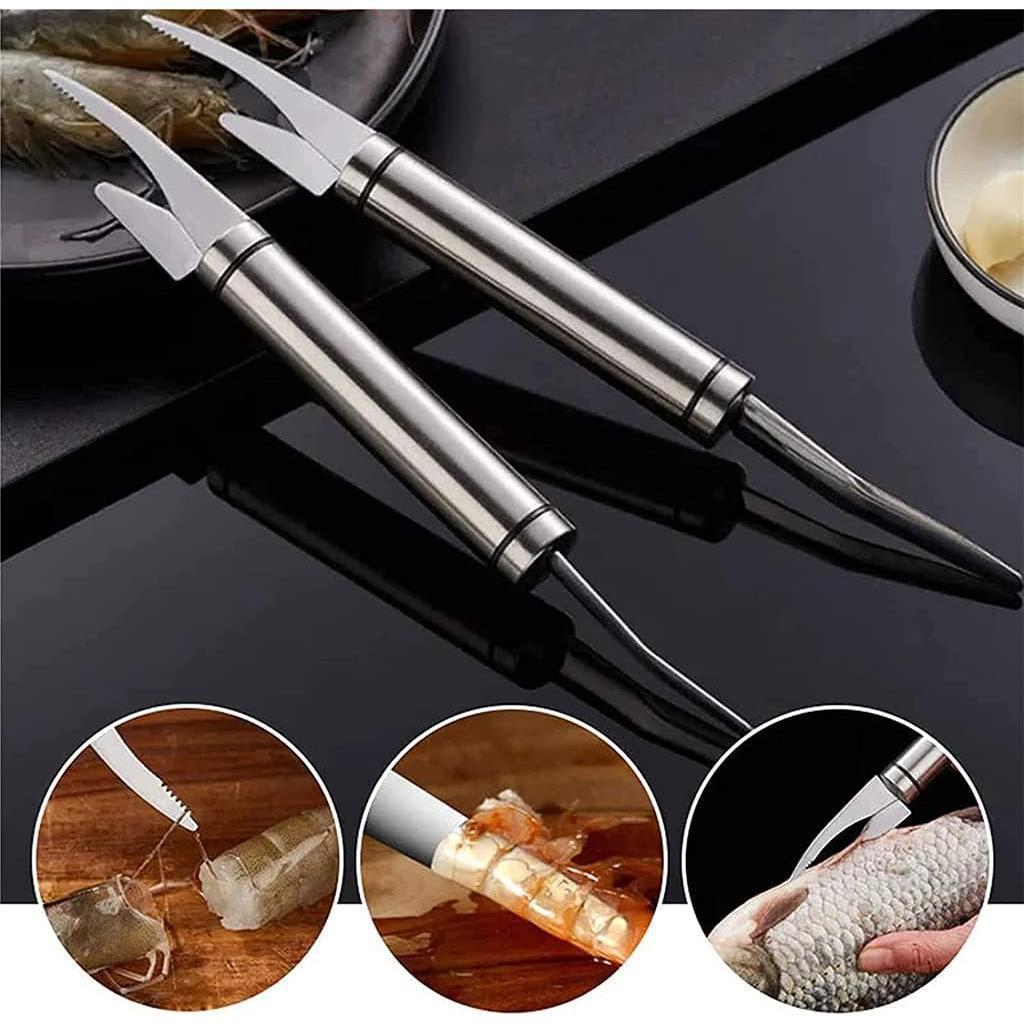 2PCS - 5 In 1 Multifunctional Shrimp Line Fish Maw Knife Stainless Steel Shrimp Deveiner Tool Multifunctional Fast Shrimp Peeler Fish Scale Remover Kitchen Fish and Shrimp Duck Intestine Cleaner