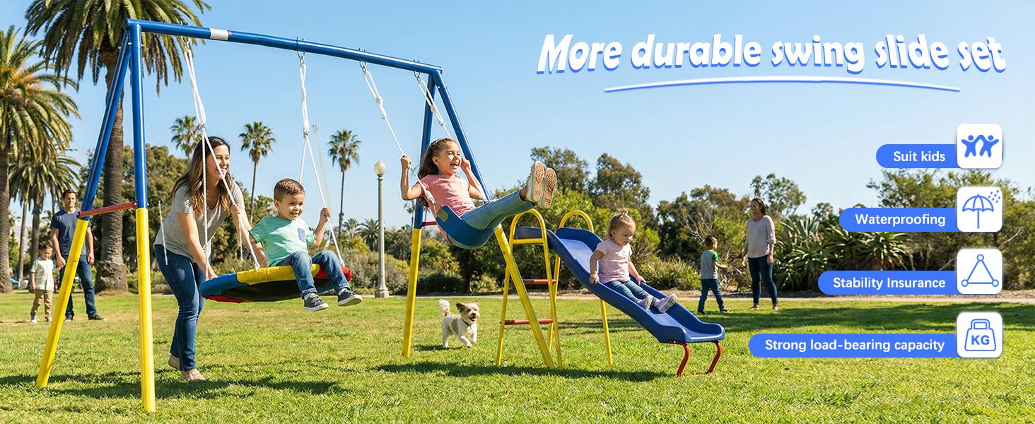 Heavy Duty Metal Unisex Kids+Adults Swinging Playground Equipment - 440lbs Capacity Stand, 32in Saucer, 26.2in Belt Seat, 53in Slide, Blue Dual Seats, Ultra-Safe Frame, Pre-Drilled Parts Easy Installation, Backyard Gift for Halloween, Christmas
