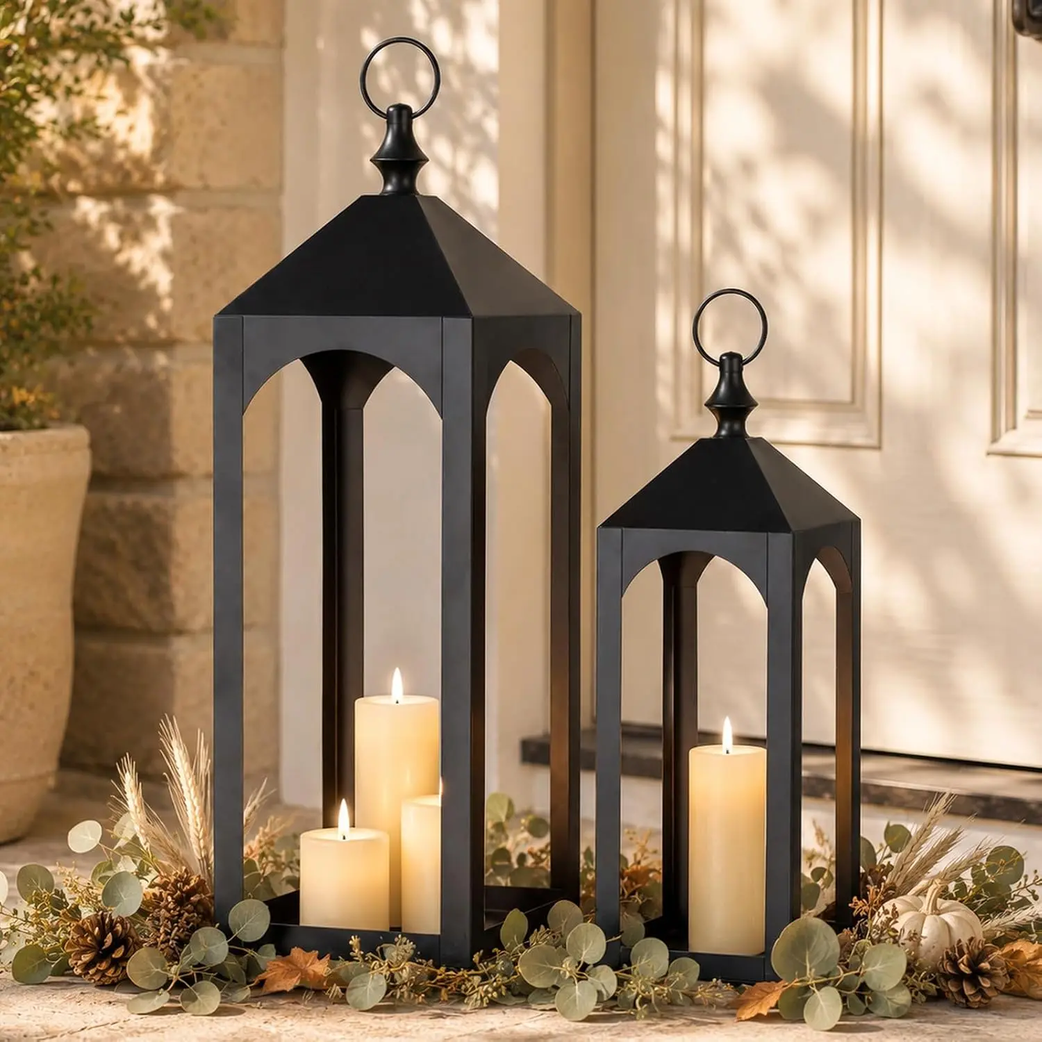 24" & 17" Large Outdoor Floor Lantern, Set of 2 Fall Porch Decor