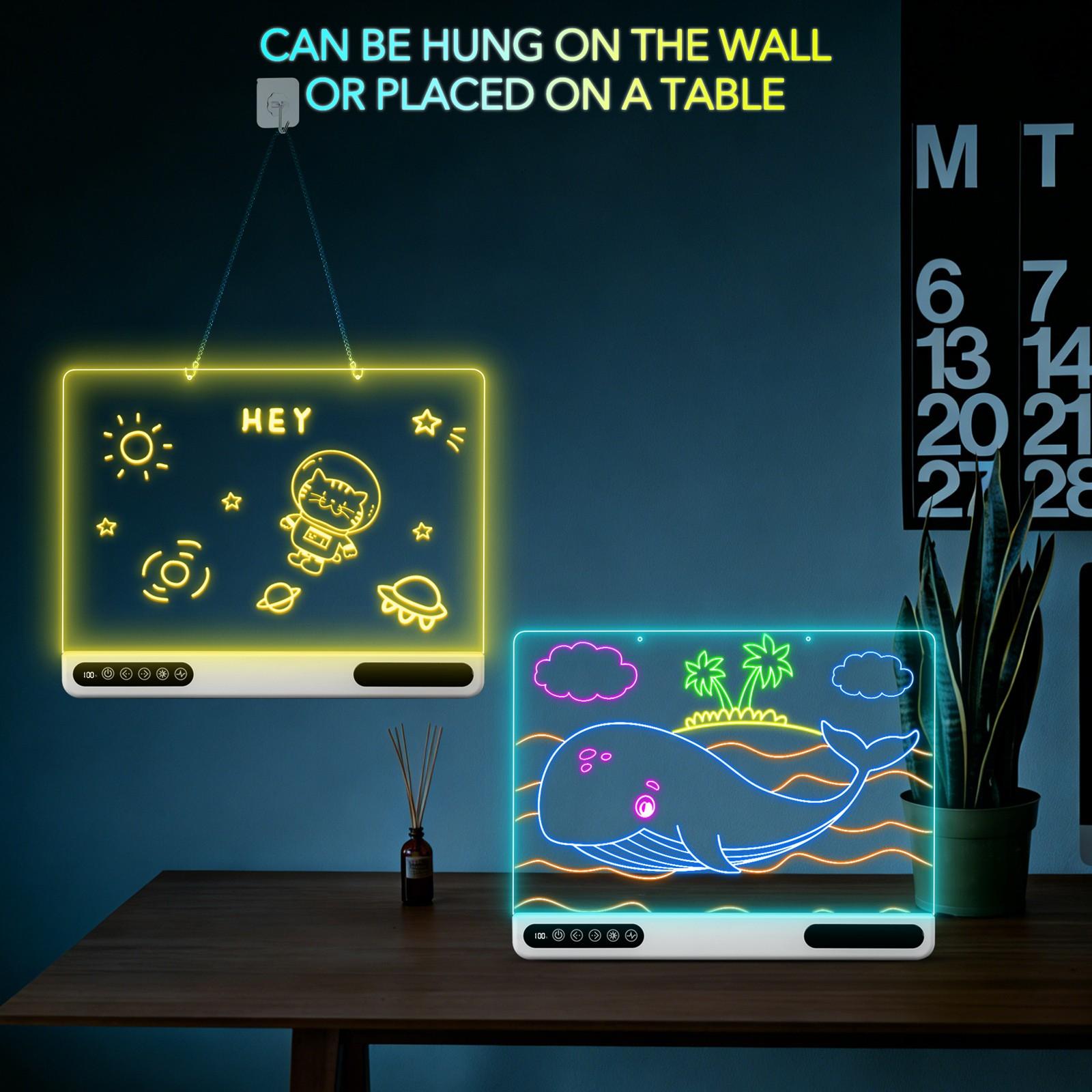 Rechargeable LED Acrylic Writing Board, 13.8x10.4 Inch Light Up Memo Board, 7 Colors, Includes 7 Markers, Home Office Christmas Gift