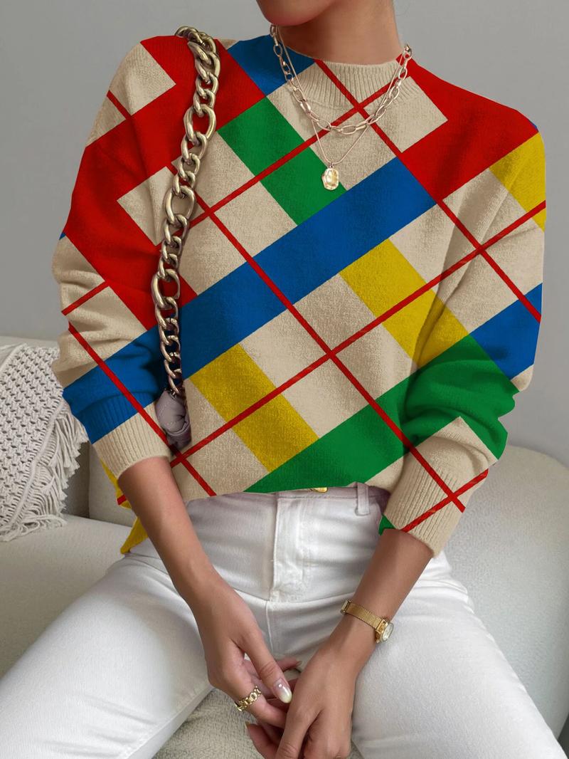 Women's Tartan Print Stand Collar Sweater, Fall & Winter Casual Long Sleeve Knitwear, Comfortable Warm Fitted Top for Daily Wear, Knitted Sweater