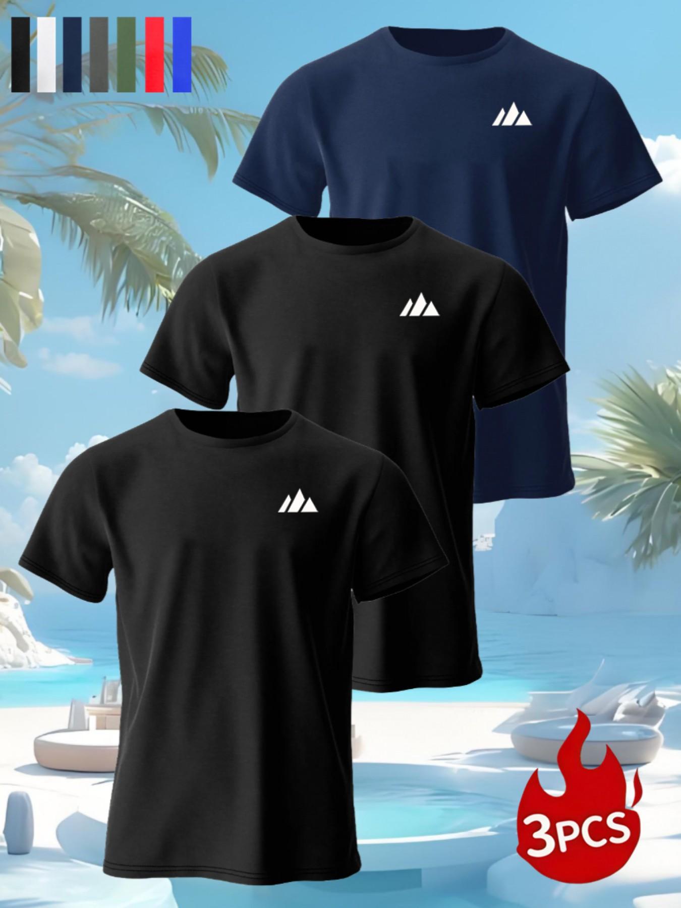 3-Pack Summer Sporty Mountain Print T-Shirts, Soft Breathable Polyester Crew Neck, Casual Comfort, Smooth Touch, Multiple Colors Available